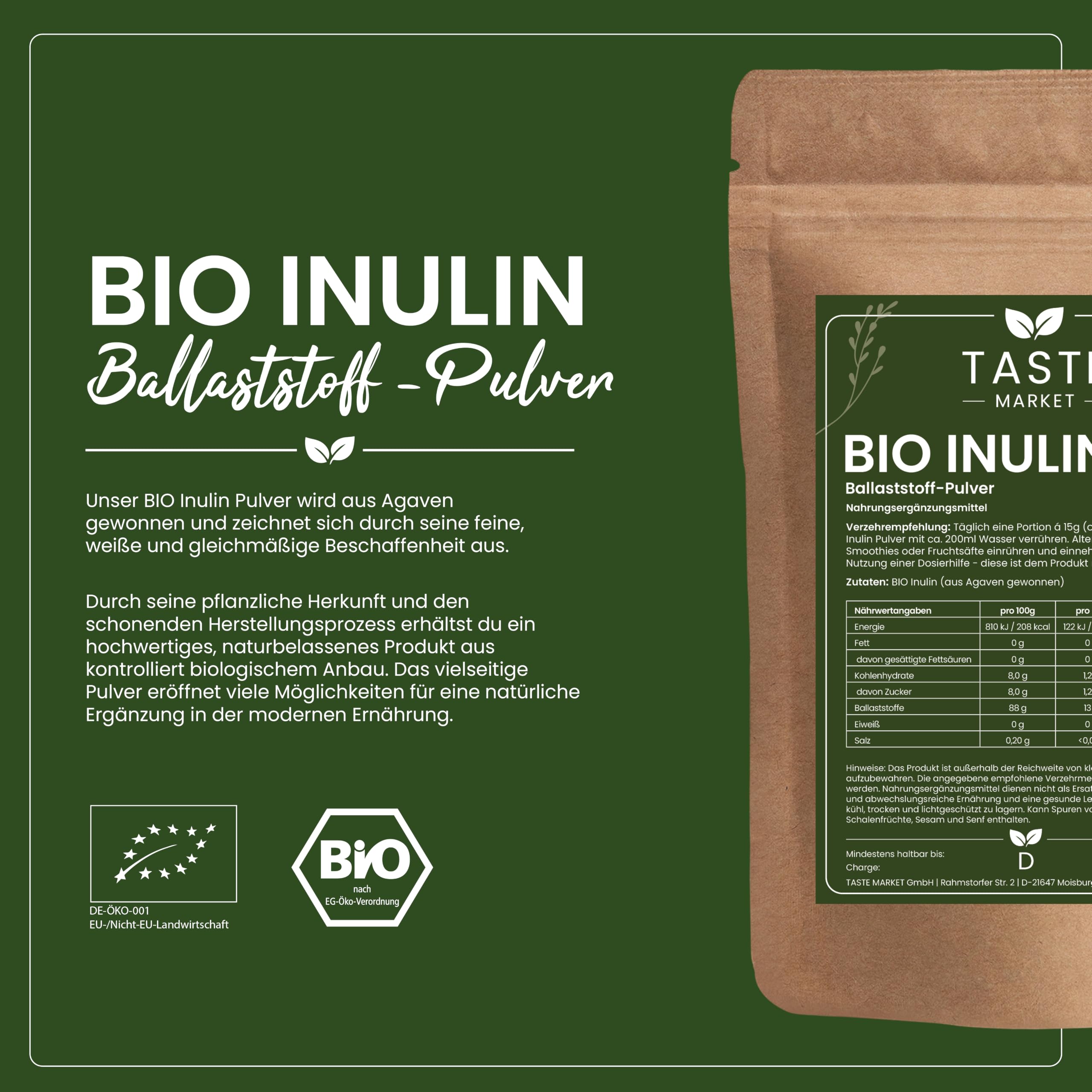Bio Inulin 5kg Ballaststoff Pulver aus Agave Präbiotika 100% Bio Qualität vegan Taste Market