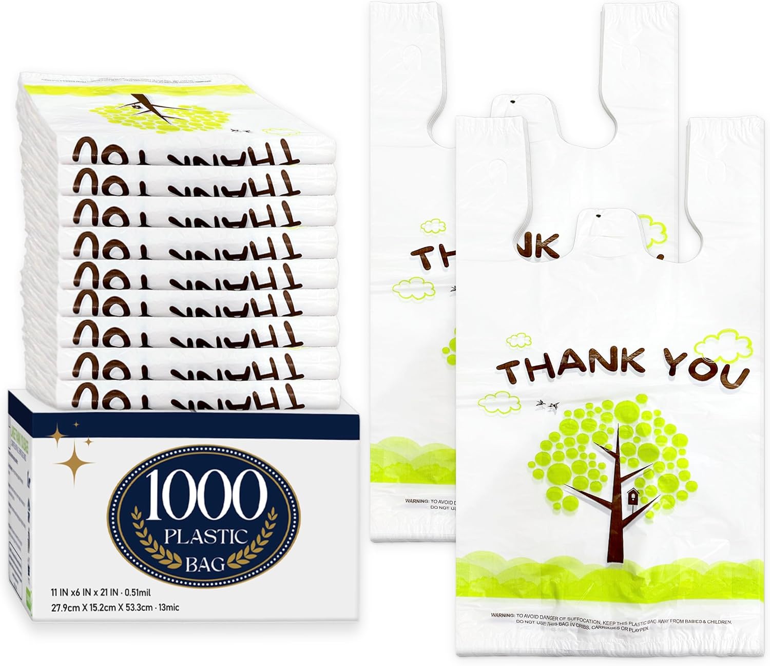 YoYoRain 1000 Count Thank You T-Shirt Bags  Plastic Shopping Bags with Handles for Grocery, Retail & Takeout (11" x 6" x 21")