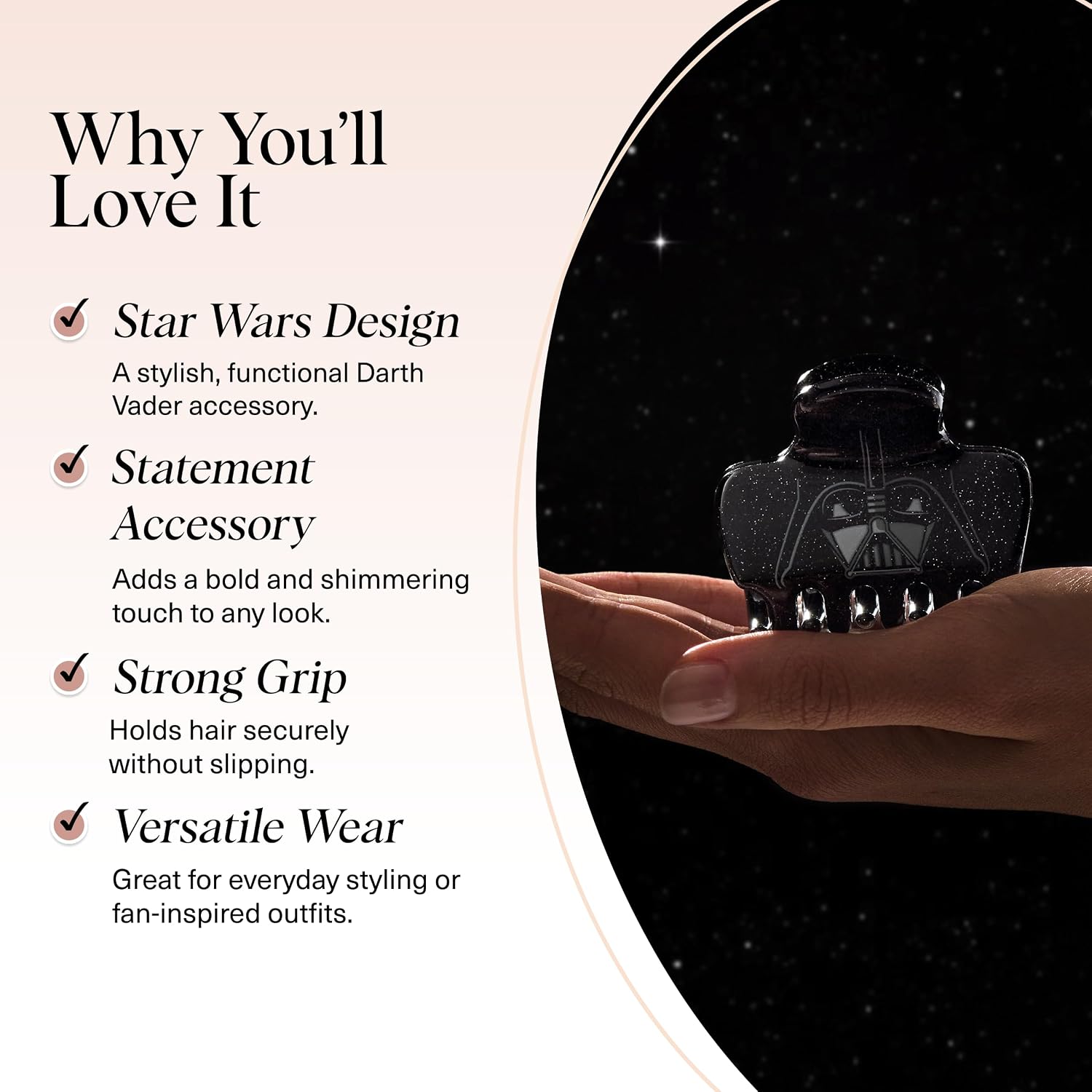 Kitsch x Star Wars Darth Vader Glitter Medium Hair Clip for Women – Dark Side Galaxy-Inspired Claw Clip | Recycled Plastic, Strong Secure Grip | Ideal Gifts for Women, Hair Accessories for Girls