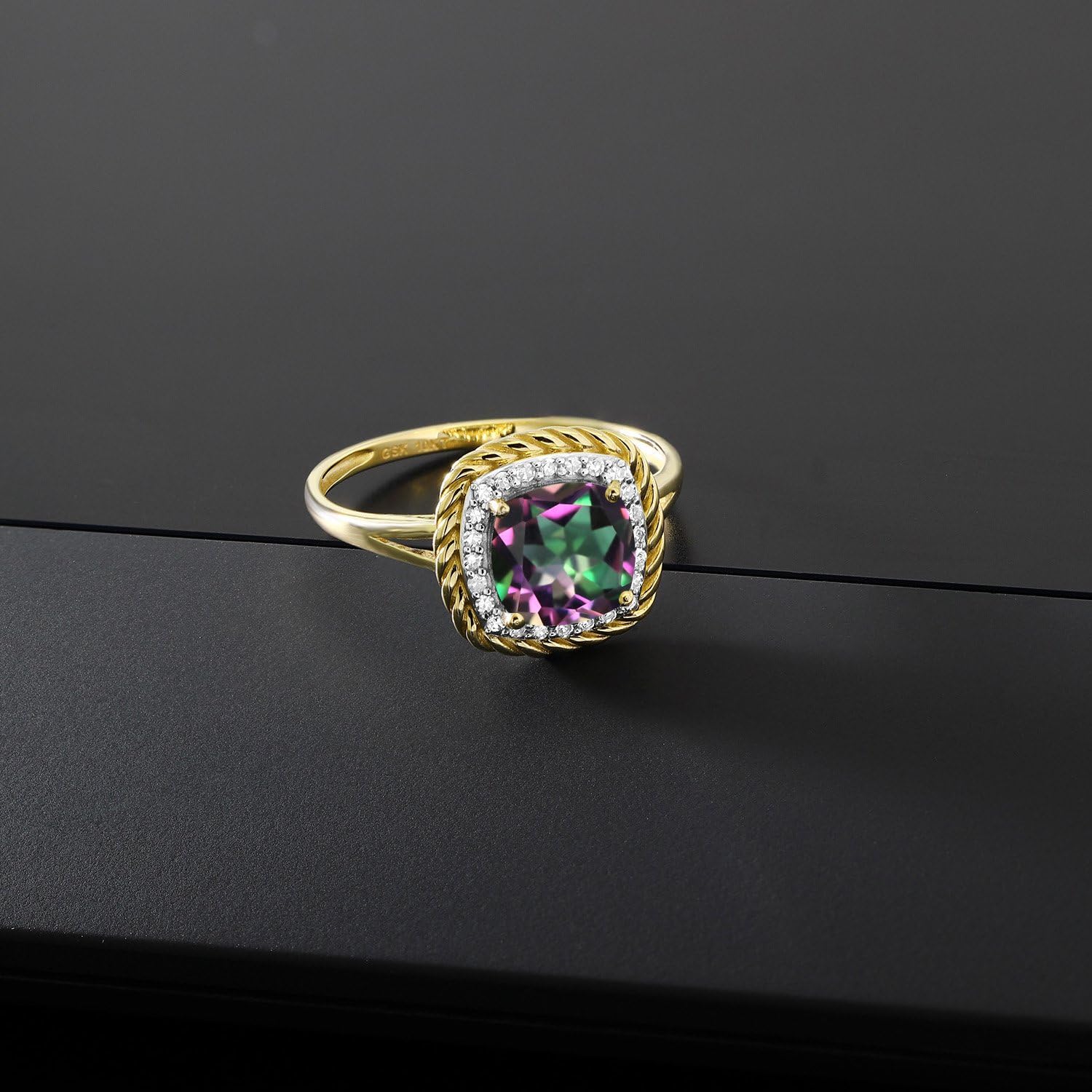 Gem Stone King 10K Yellow Gold Gemstone Birthstone and White Diamond Engagement Ring | Cushion 7MM | Wedding Engagement Anniversary Promise Gold Ring For Women