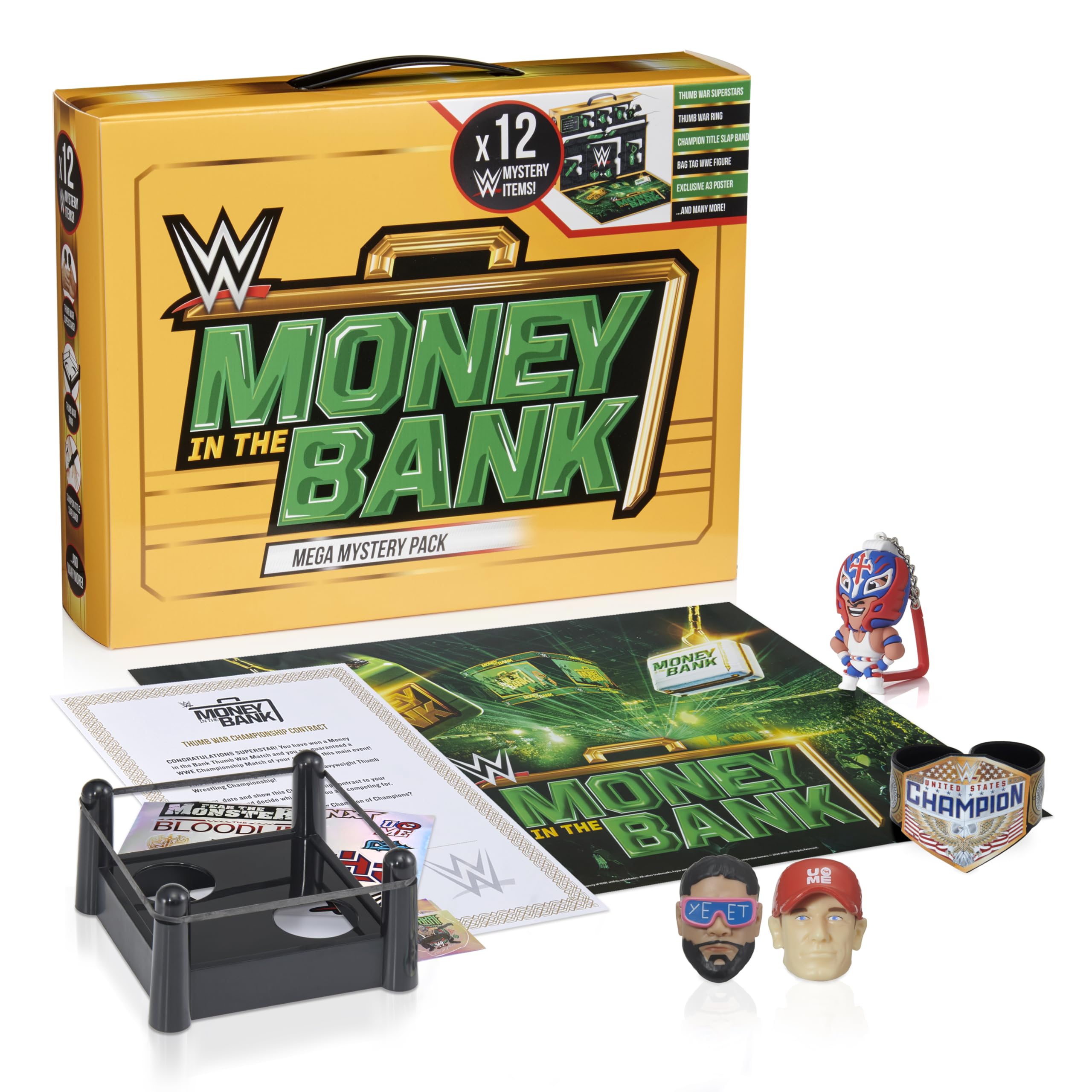 WOW! Stuff WWE Money in the Bank Mystery Gift Pack | 14+ WWE Surprises | Including Exclusive Thumb War Superstars, Custom Ring, Stickers & Slap Band | Collectible Briefcase Pack with Hidden Reveals