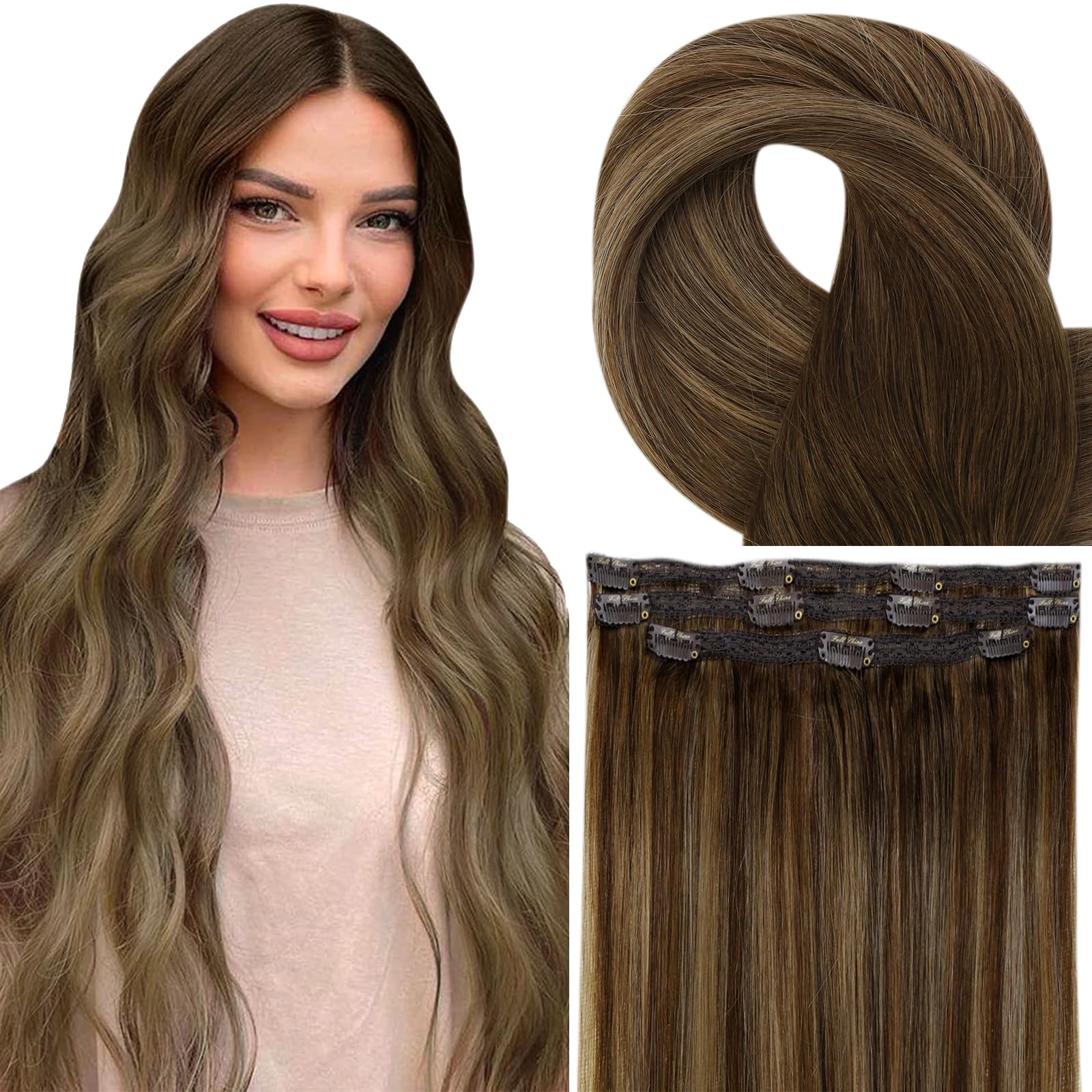 Fshine Extension Clip Capelli Veri 40.6cm 50g 3pcs Clip Estensione Capelli Umani Naturel Balayage Castano Medio Con Biondo Remy Clip Capelli Umani Lisci #4/27/4