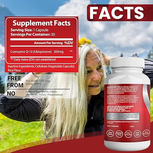 Miniatura 3 de CoQ10 Cápsulas de 200 mg para la salud del corazón - Suplementos nutricionales de alta absorción - Sin crueldad, sin sabor y sin gluten - 30