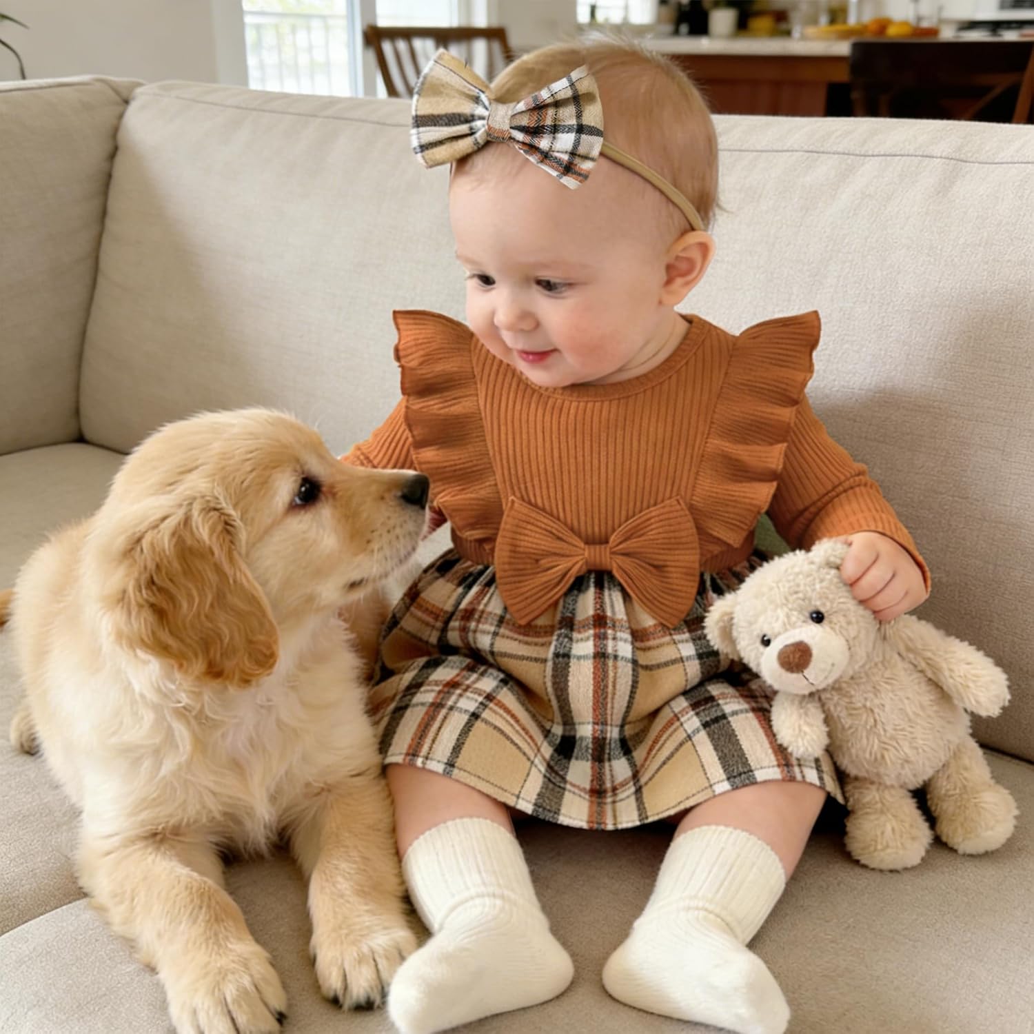 Magic Park 0-24M Baby Toddler Girls Ruffle Long Sleeve Bodysuit Ribbed Plaid Romper Dress Fall Winter Outfit with Headband - Image 3