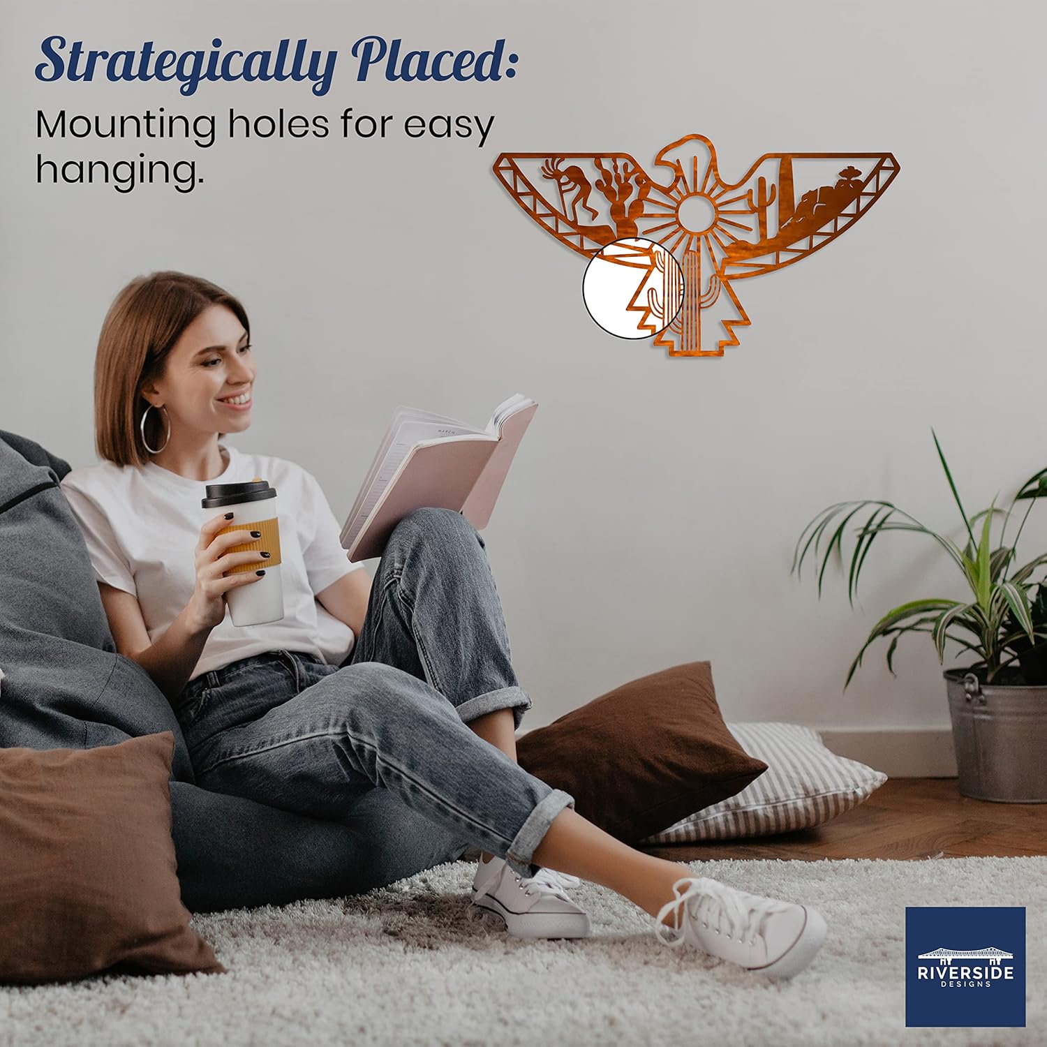 Riverside Designs Aztec Eagle Southwest Metal Wall Art Outdoor Decor | Heavy-duty and Waterproof | Made in USA (Copper, 24" L x 13" W)