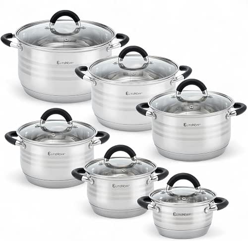 EliteHoff Topfset Induktion 12-teilig, Kochtopf Set mit Glasdeckeln und Silikongriffen,