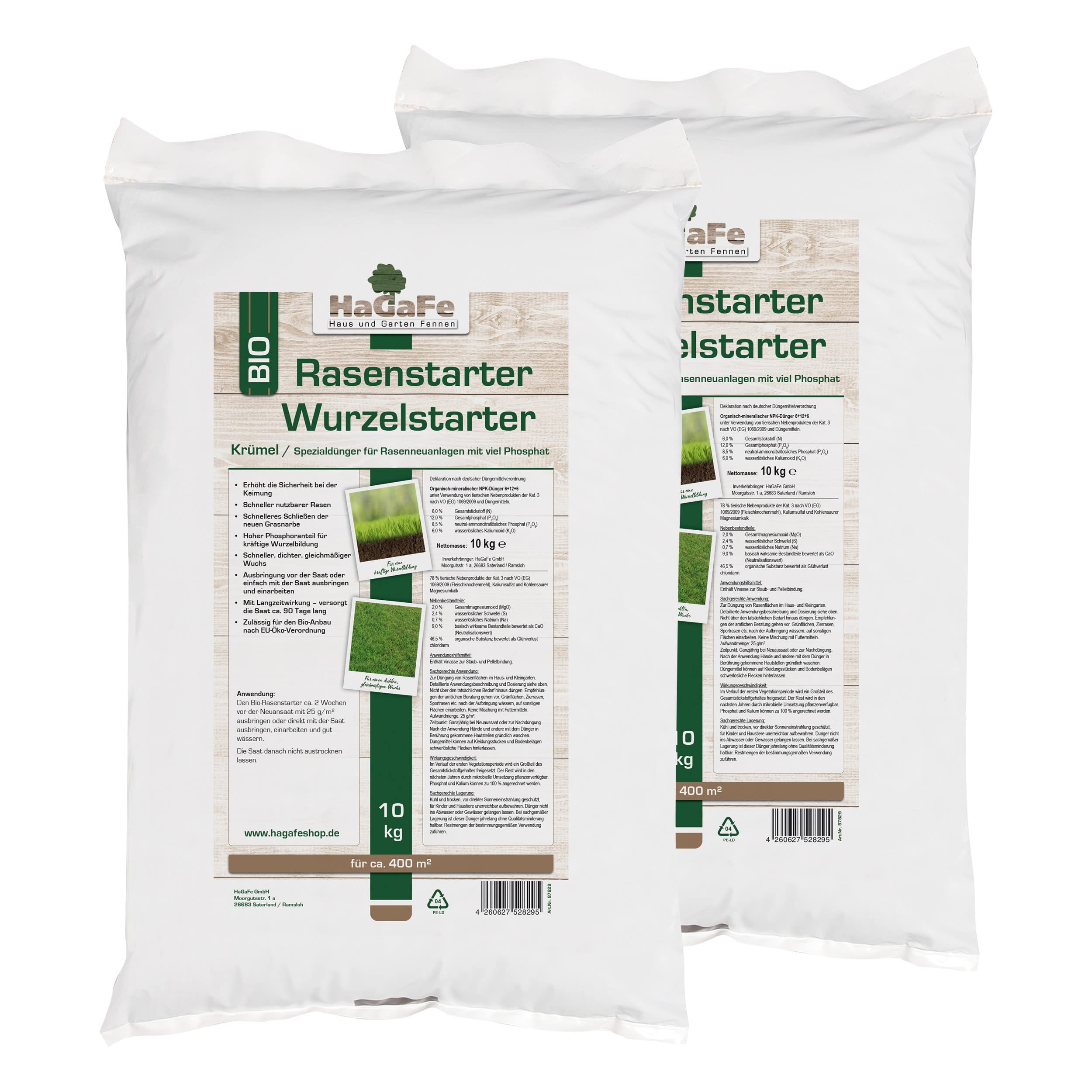 Bio TURBO Rasenstarter Wurzelstarter Rasendünger mit viel Phosphat, 20kg (2x10kg)