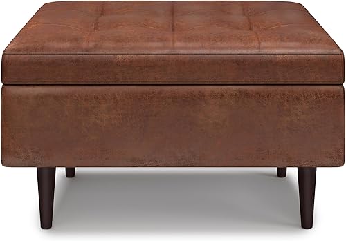 Miniatura 113 de SIMPLIHOME Shay - Otomana rectangular moderna de mediados de siglo de 48 pulgadas de ancho en piel sintética vegana envejecida, color marrón, Sillín