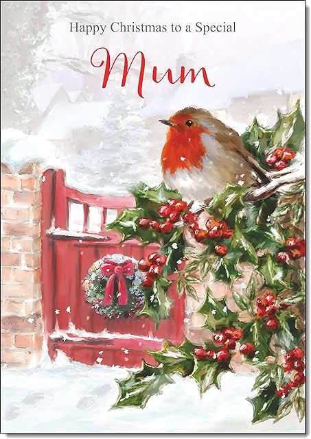 doodlecards Mum Christmas Card Robin on Holly Tree Medium Size with Plain Red Envelope