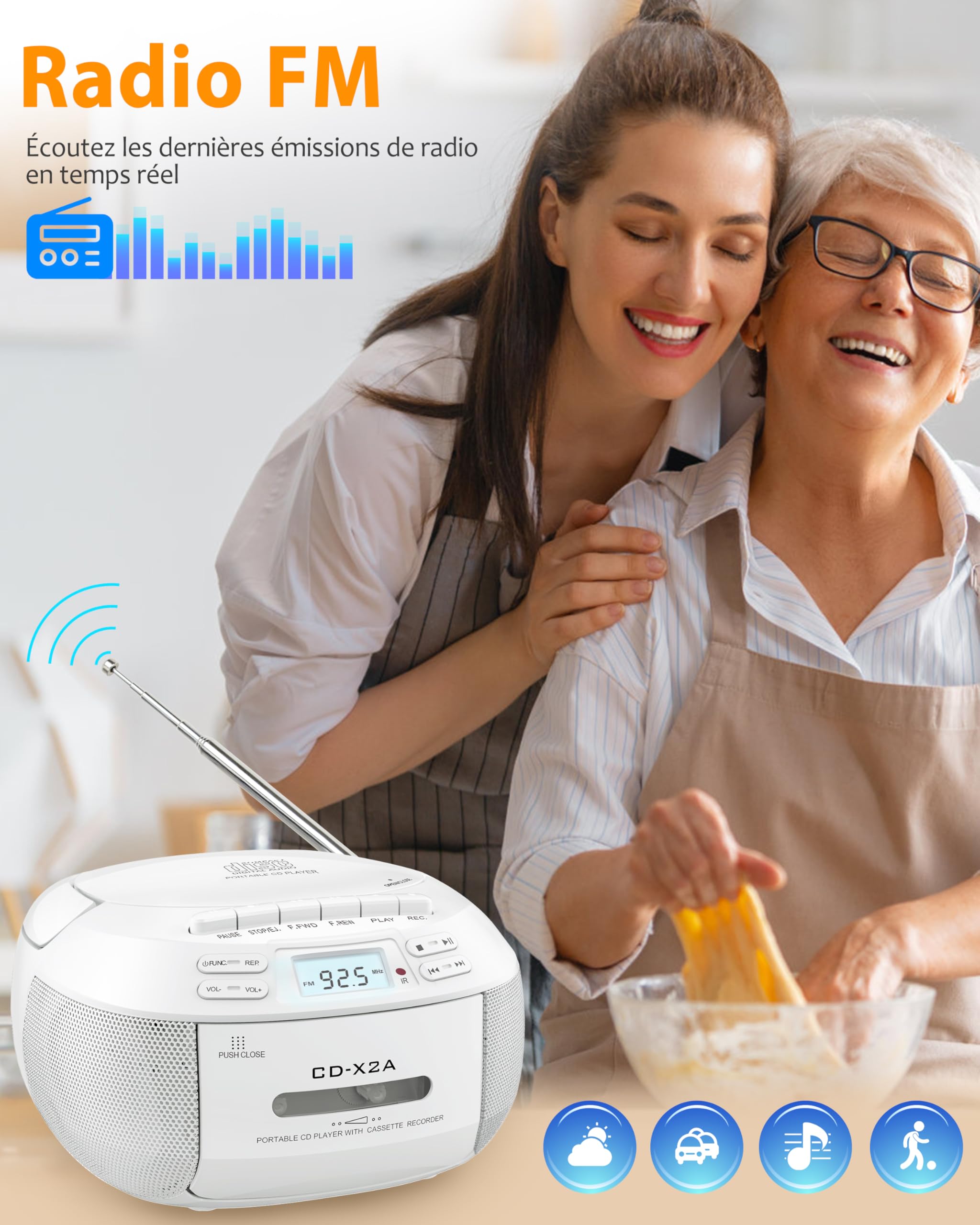 Greadio Lecteur CD Boombox avec Bluetooth, Radio FM, Lecture USB/AUX, Son stéréo avec télécommande, Enregistrement sur Bande, Alimentation CA/CC, lecteurs CD personnels pour la Maison (Blanc)