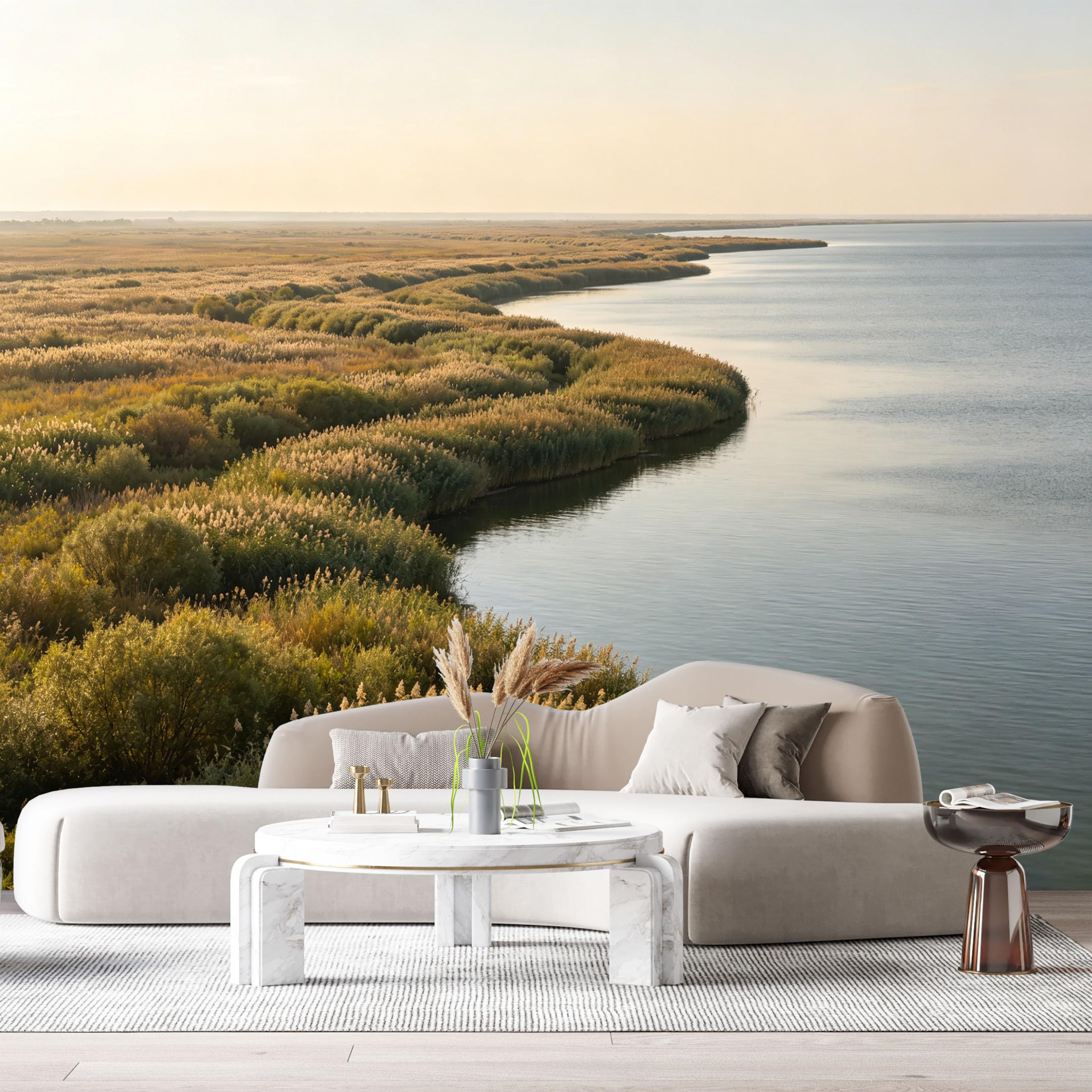 Custom Size Wall Murals Tranquil River Landscape Coastal Wetland Reeds Sunset View SelfAdhesive Wall Fabric Removable Large Wallpaper for Photo Living Room