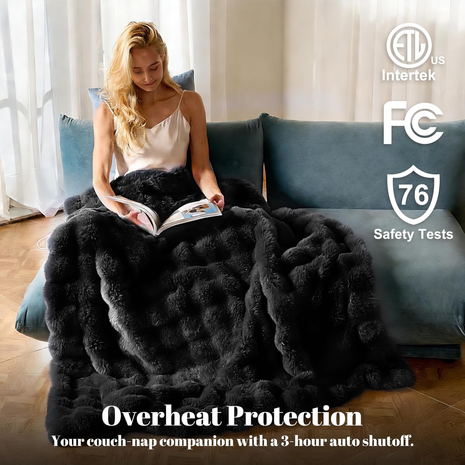 IUUI Electric Heated Blanket Queen 84''x90'',Luxury Faux Rabbit Fur Heating Throw Blankets,Fast Heating with 1/2/4/6/8/10 Hours,Overheat Protection, Quick Heating, Memory Function, Gift-Ready Design - Image 3