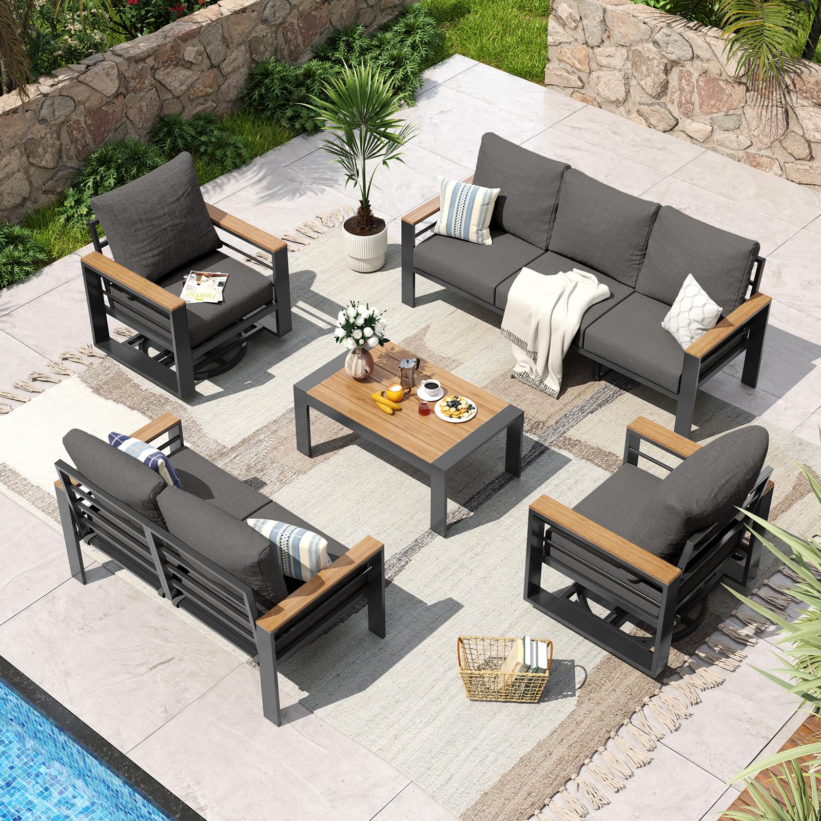 Aoxun Aluminum Patio Furniture Set 7 Seats with Swivel Chair, Oversized Outdoor Sectional with Washable Thick Cushions, Coffee Table, Patio Conversation Sets for Porch, Balcony, Deck,Dark Gray