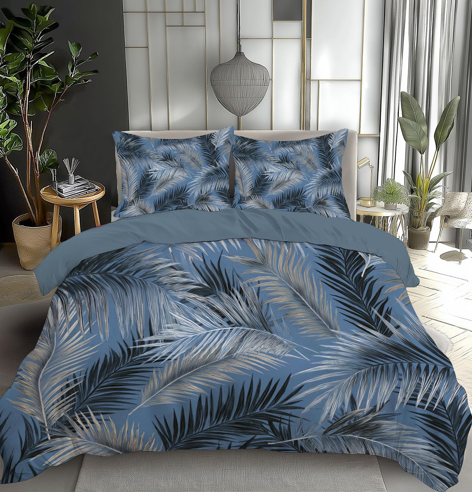 Housse de couette 140x200 parure de lit gris feuilles palmier adulte