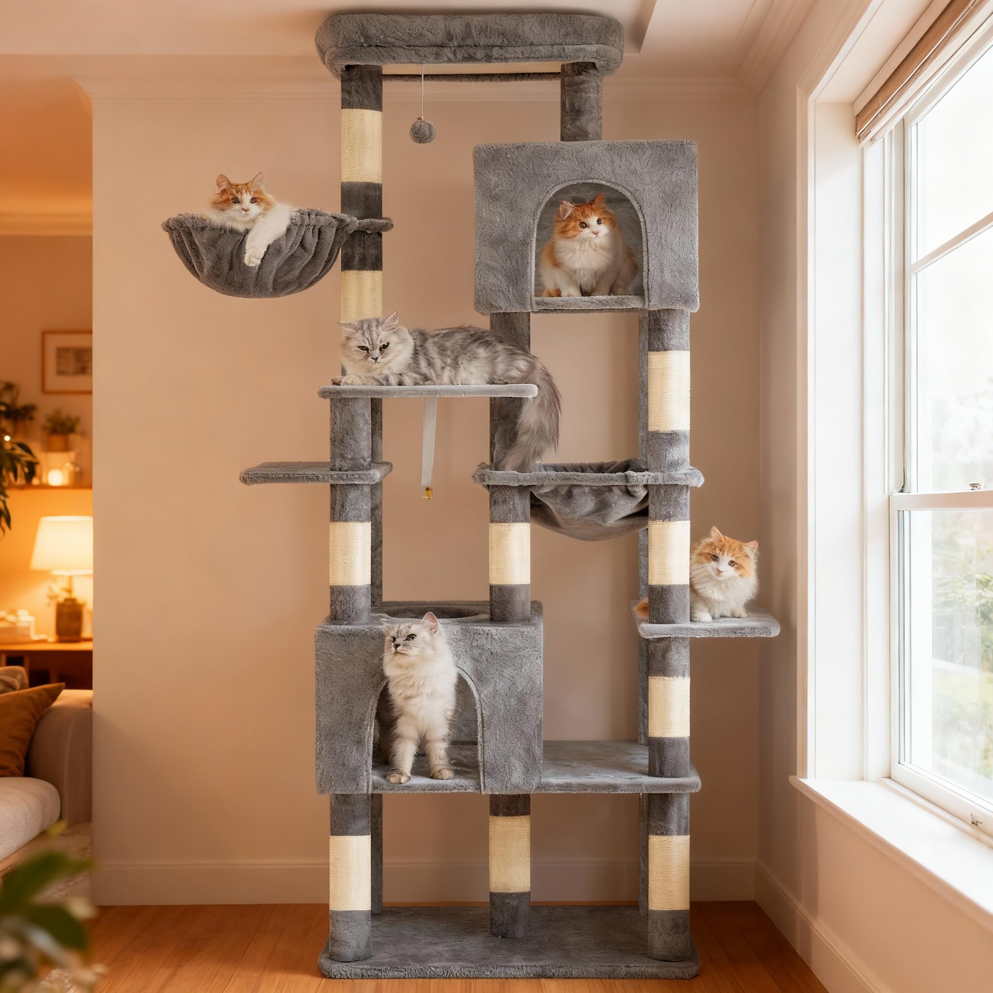 Heybly Rascador Para Gatos Grandes, 193 cm Torre para Gatos con Base Grande de 5 Postes para Máxima Estabilidad, Incluye 2 Cuevas, 1 Hamaca, 1 Cesta y 10 Postes Rascadores de Sisal, Gris Claro HCT039W