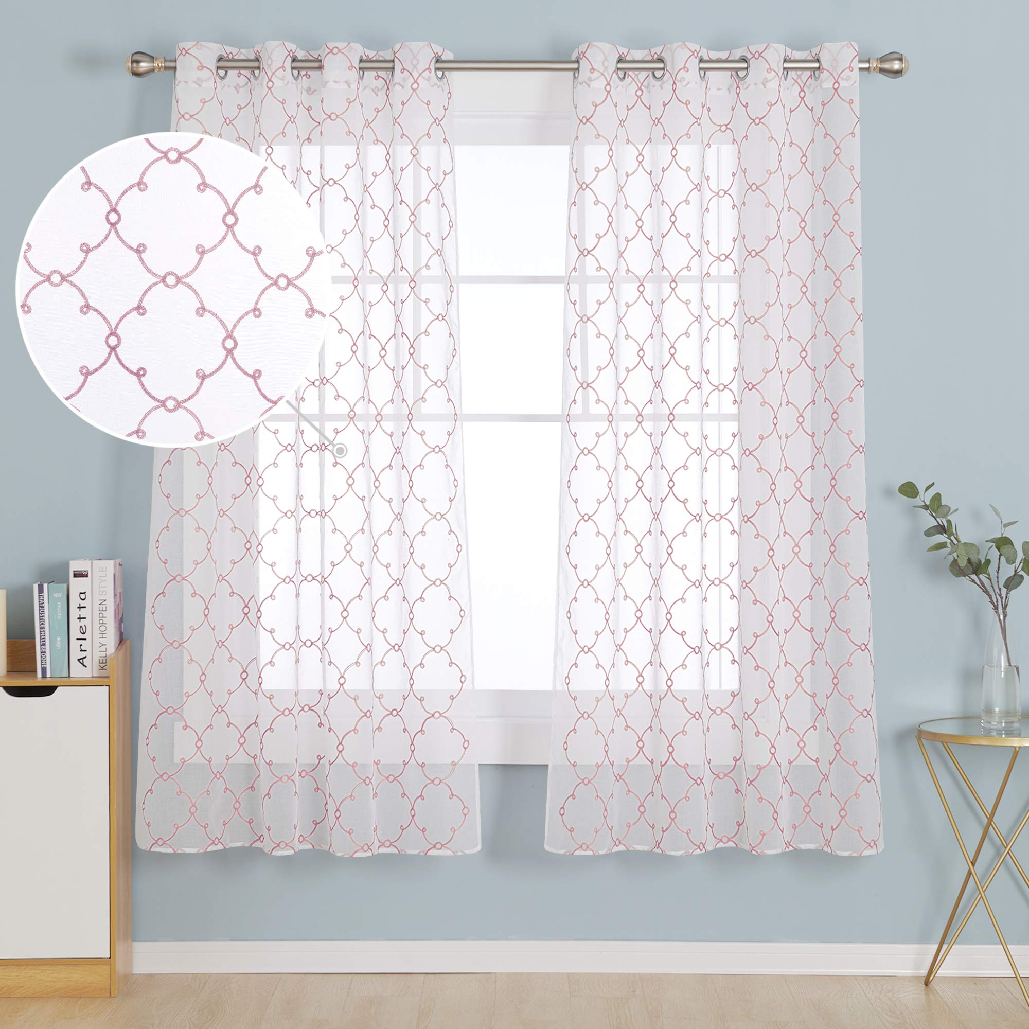 Deconovo Top Ring Diamond Embroidery Net Curtains Semi Transparent Curtains Faux Linen Sheer Curtains for Living Room 55 x72 Drop Inch Pink 2 Panels โ image 1
