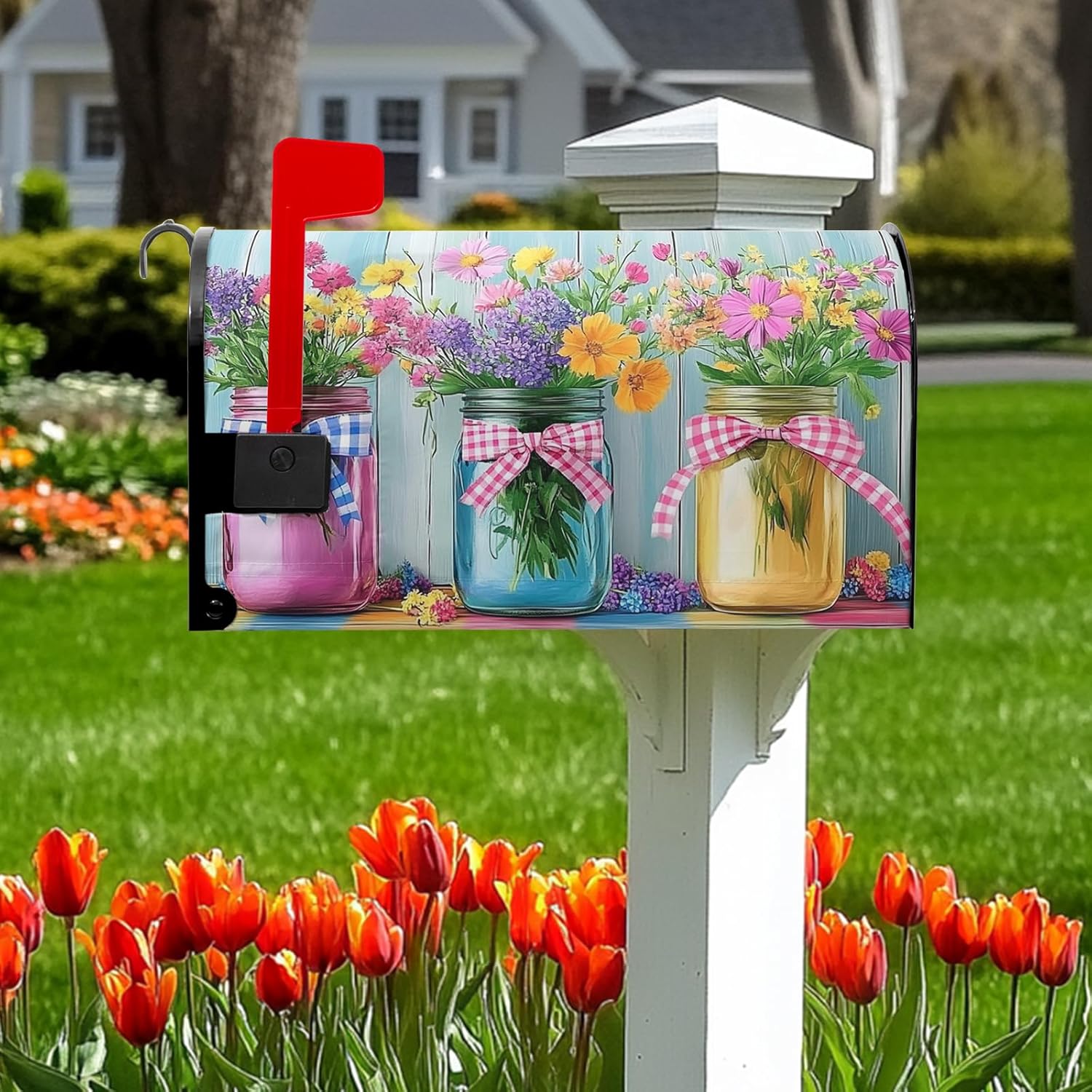 Spring Floral Mailbox Covers Flowers Summer Mailbox Cover Jars Rustic Magnetic Mailbox Wraps Colorful Post Letter Box Cover 18X 21 for Garden Outdoor Decor