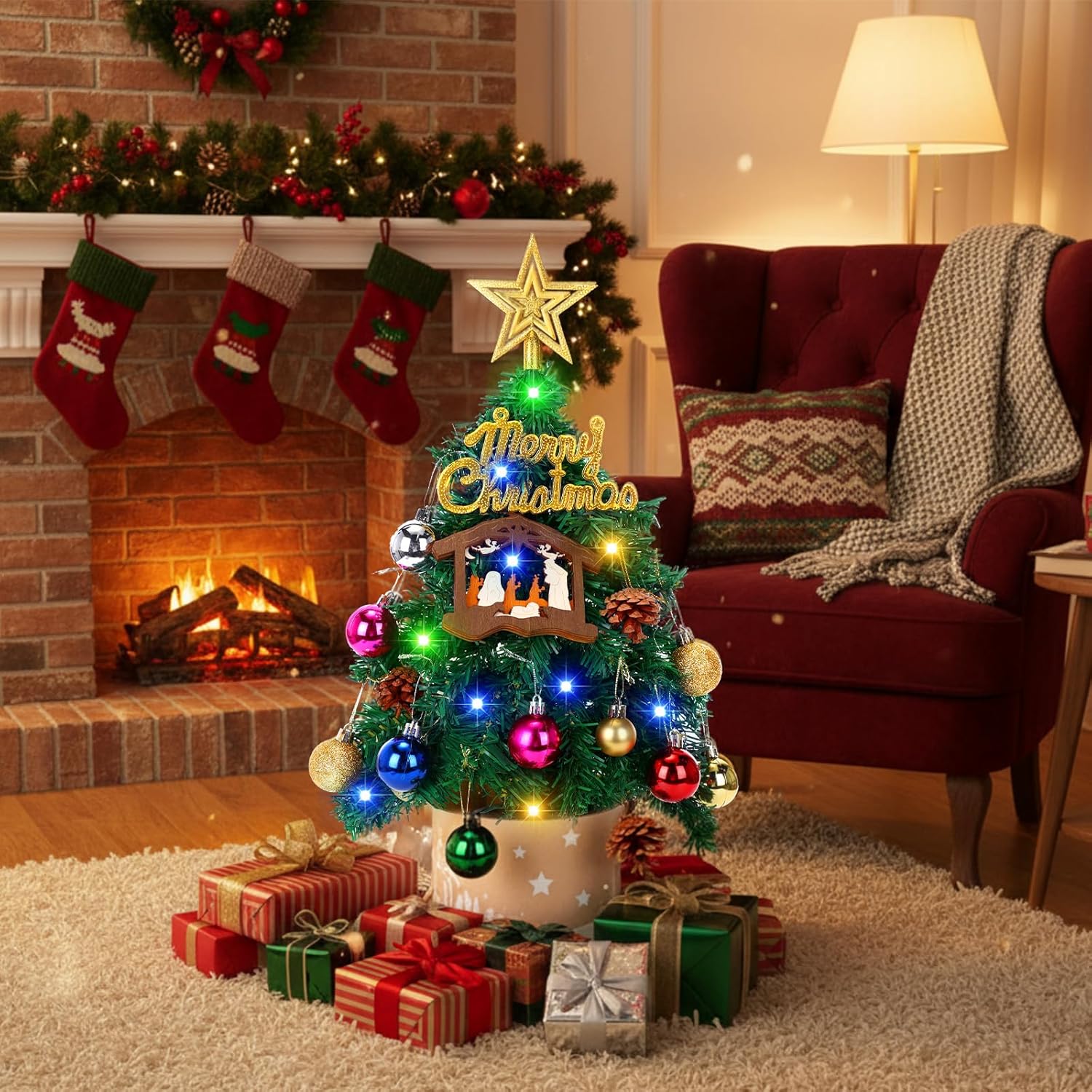 Sotiff Small Christmas Tree with Lights- 22 Inch Mini Tabletop Christmas Tree with LED Lights, Nativity Mini Xmas Decor with Star Treetop and Hanging Ornament, Holiday Indoor DIY Xmas Decoration
