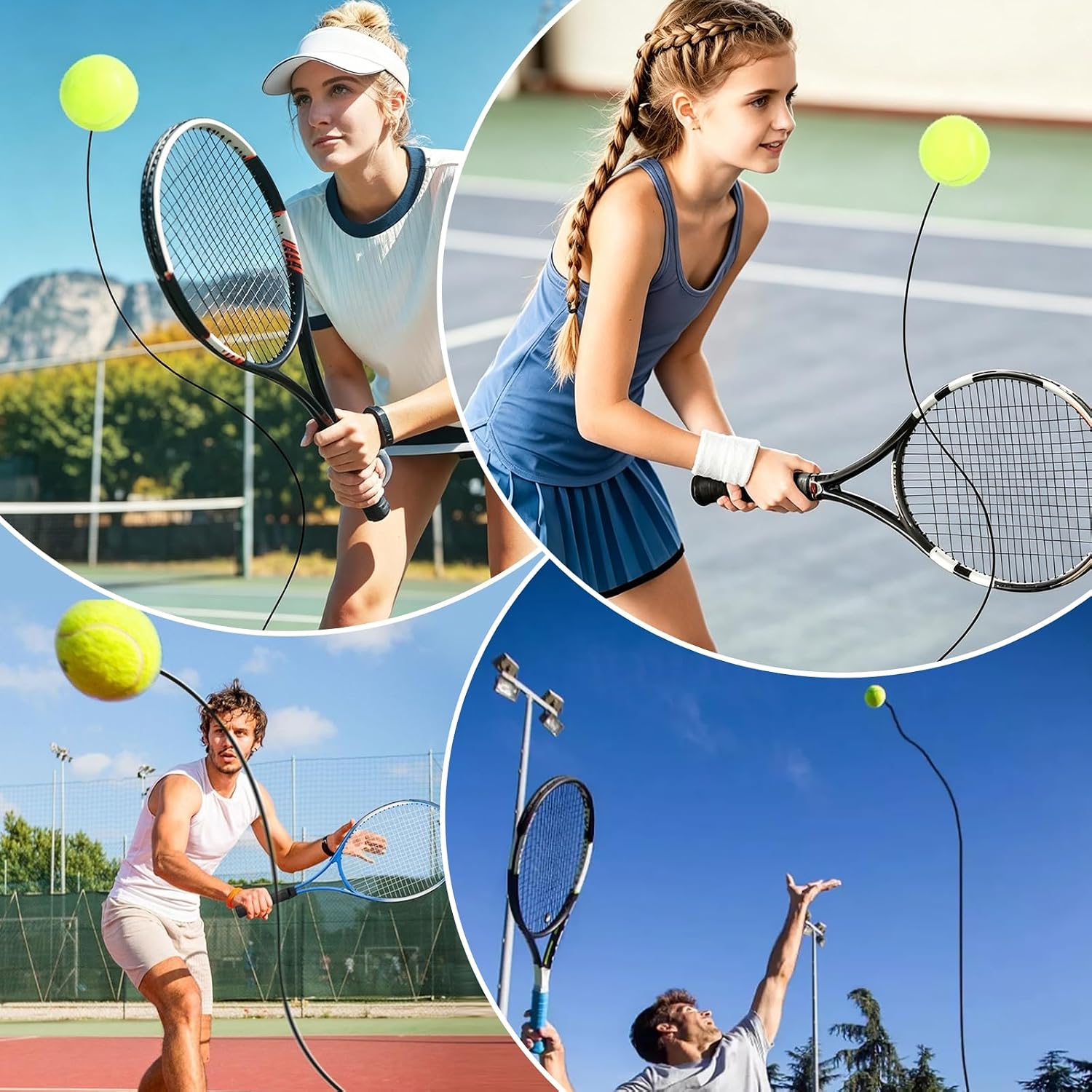 Tennis Trainer Rebound Ball Set with Weighted Base, Portable Solo Practice Rebounder with 3 Balls & Elastic Strings, Tennis Training Equipment for Adults Beginners to Improve Swing