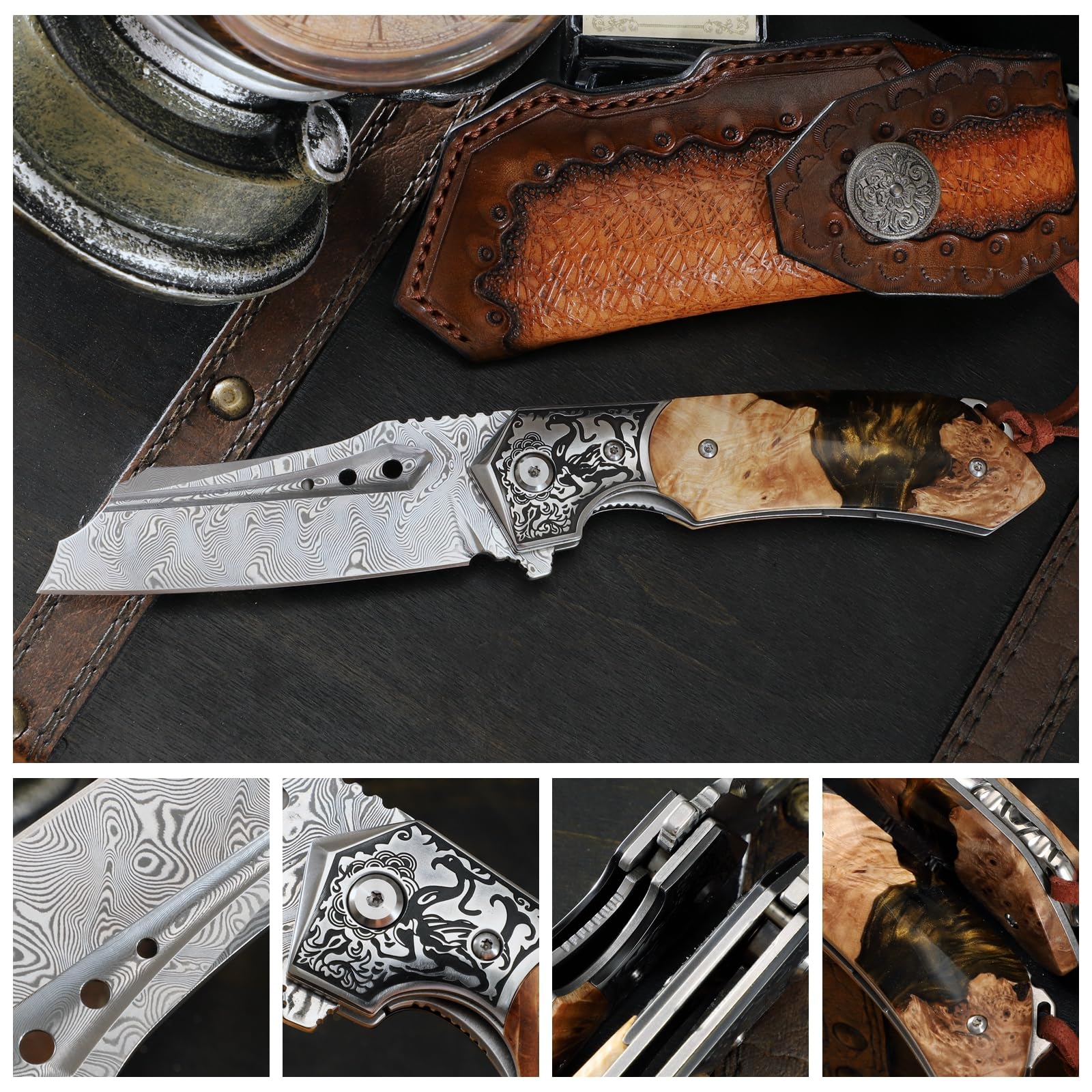 Japan Handmade Damaskus Stahl Folding Pocket Knife, 3.5 in Klinge, Frame Lock, Lederscheide, Kunstharz Ahorn Griff