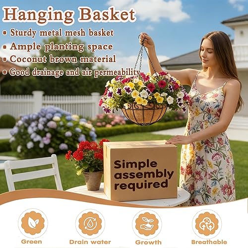 Miniatura 2 de Cestas colgantes de metal de 14 pulgadas para plantas al aire libre, paquete de 4, cestas colgantes redondas de alambre de metal con revestimiento