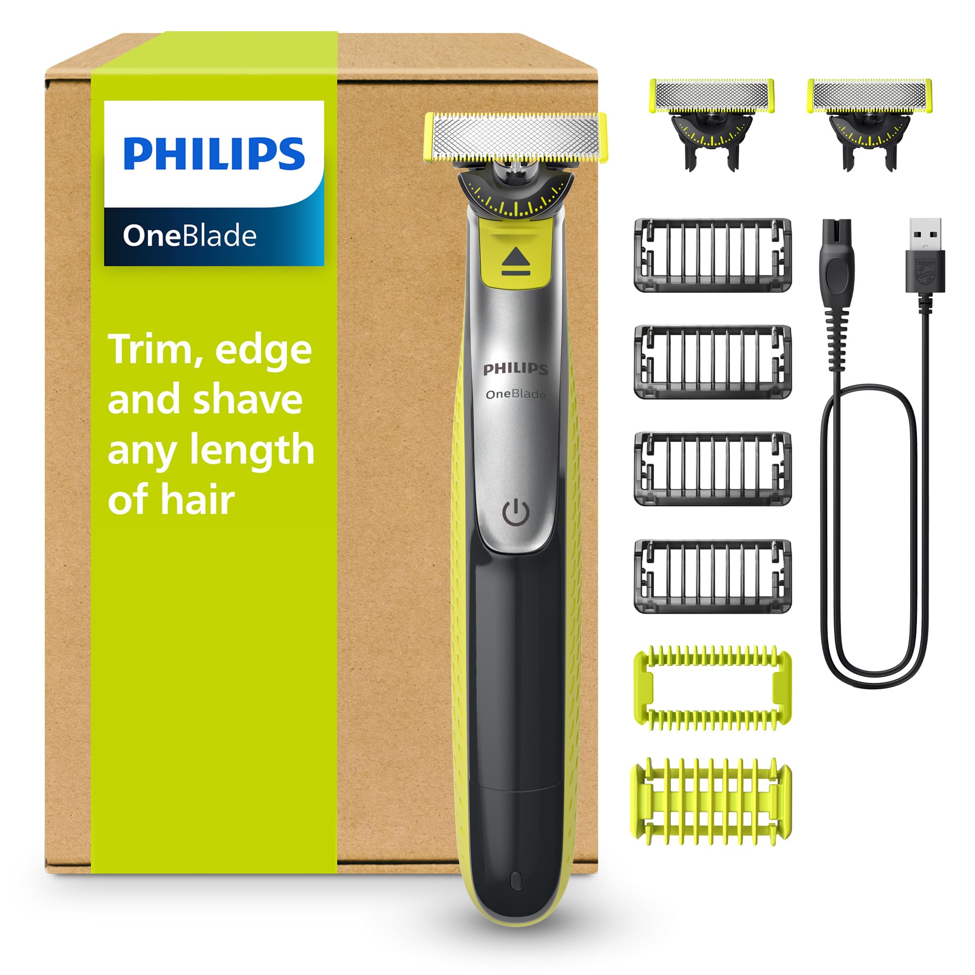 PHILIPS OneBlade 360 Face & Body - elektrischer Rasierer, Trimmer & Bodygroomer, 3x 360 Klingen, 4x Trimmaufsätze (1/2/3/5 mm), 2x Körperaufsätze, Nass- & Trockenrasur für Gesicht & Körper (QP2834/31)
