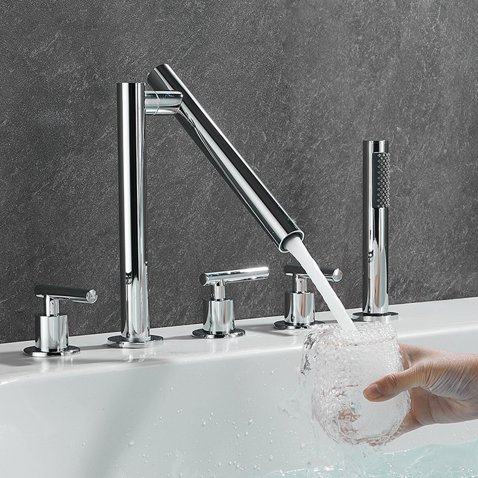 Robinet de baignoire avec douche à main rotatif 180° et 3 poignées en chrome de pont