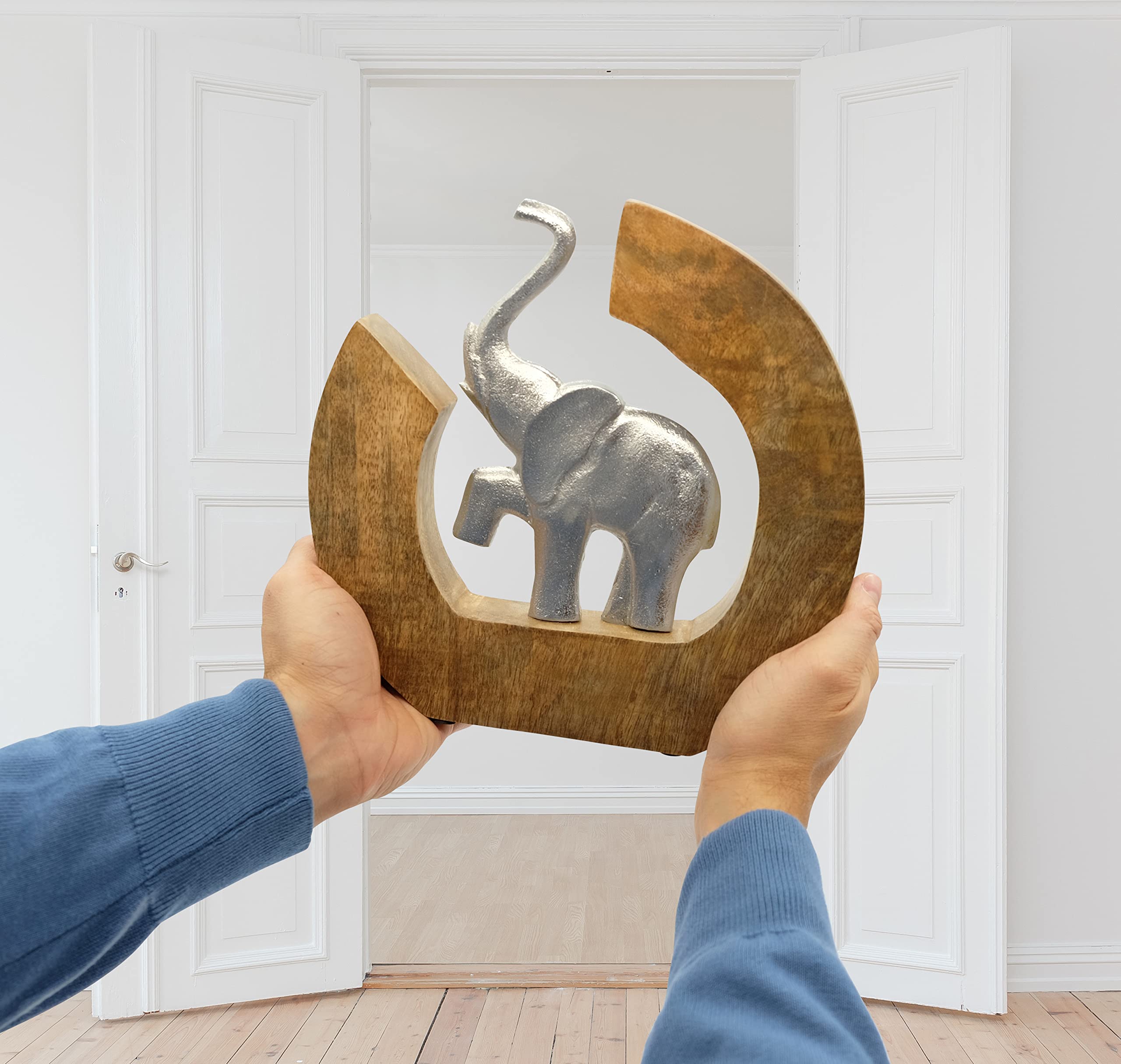 Scultura di elefante «Corso della Vita» - figura moderna deco fatta a mano da alluminio in legno di mango - elefante deco argento in metallo