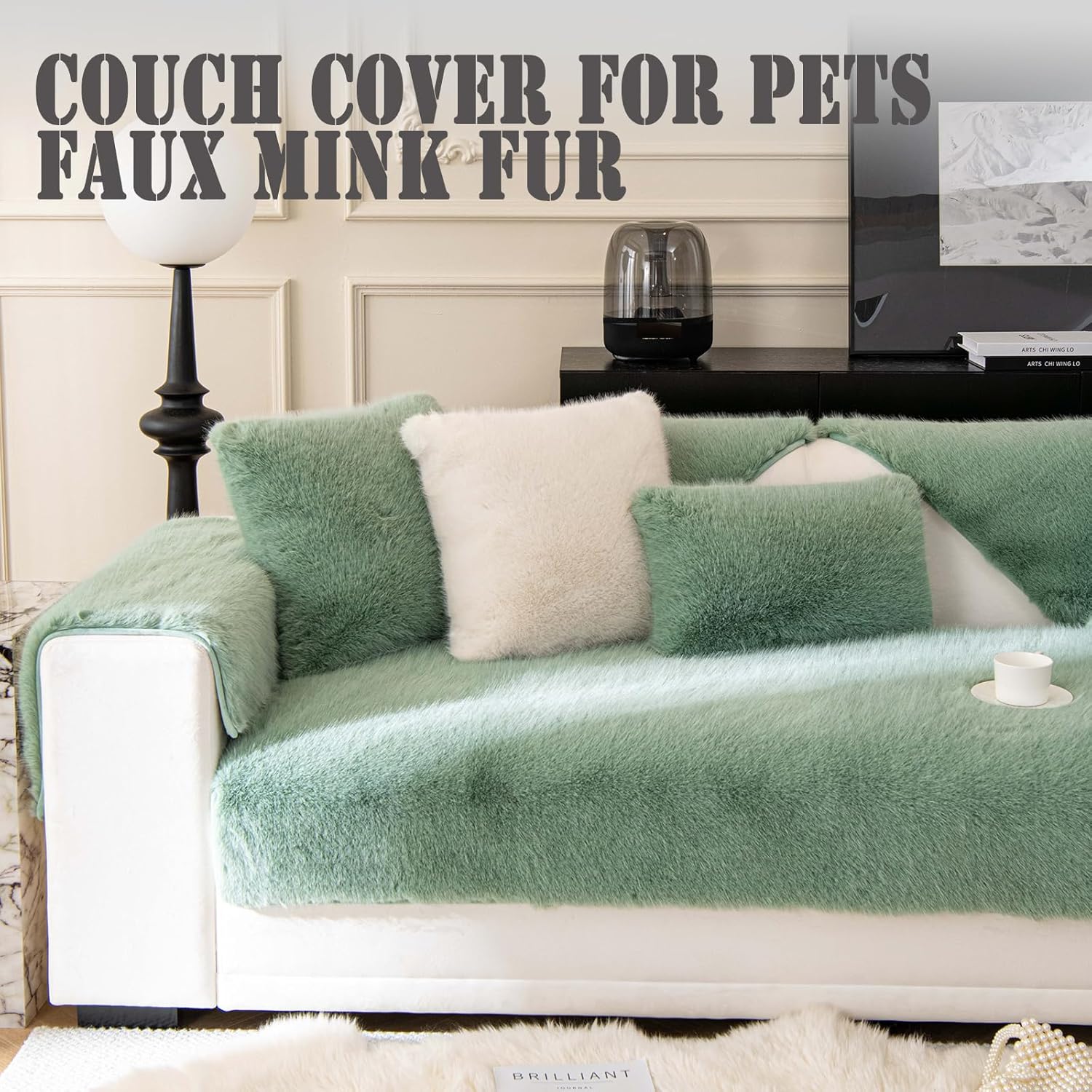 Luxury Soft Warm Couch Cover Faux Mink Fur Plush, Non-Slip Dogs Couch Sofa Slipcovers,Washable Sofa Cushion Covers Sofa Protectors for RV/Living Room (Green,cushioncover18X18in)