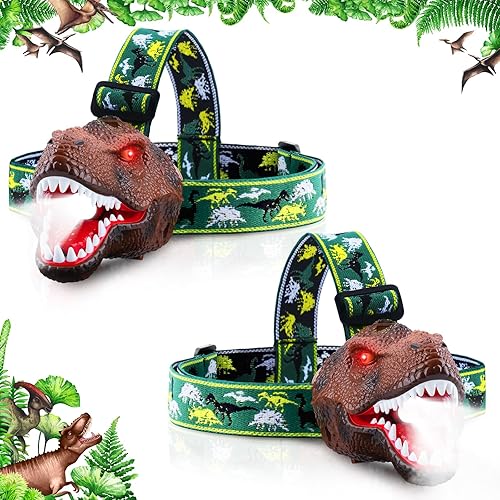 Miniatura 11 de Dysaim Linterna frontal para niños, linterna de dinosaurio para niños, lámpara de cabeza LED, linterna de equipo de camping, accesorios de Rojo