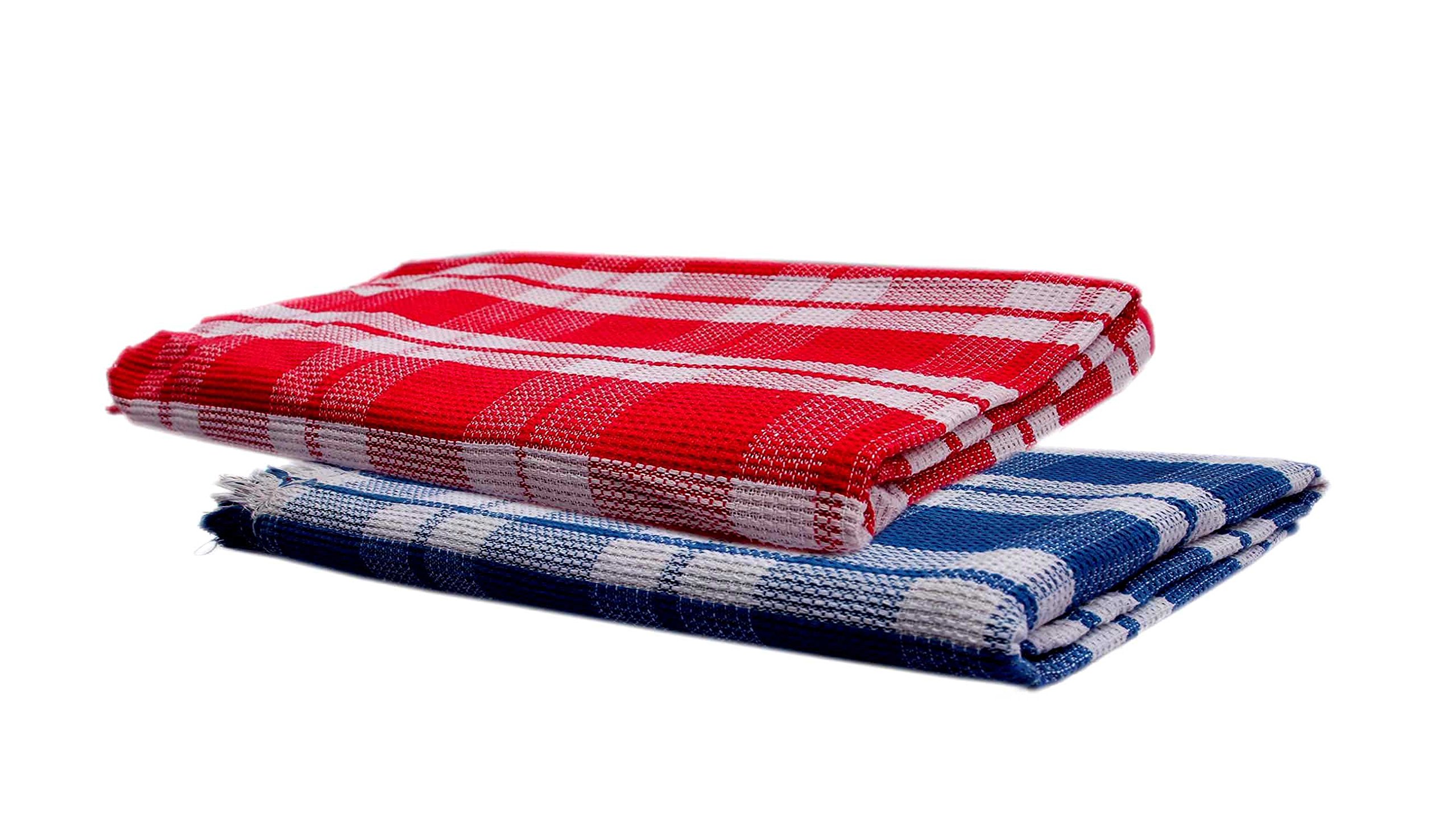 Space Fly 100% Cotton Super Absorbent Multi-Color Checks, Light Weight Bathroom Bath Towels (24X52 inch) (Blue & Red) (Set of 2)