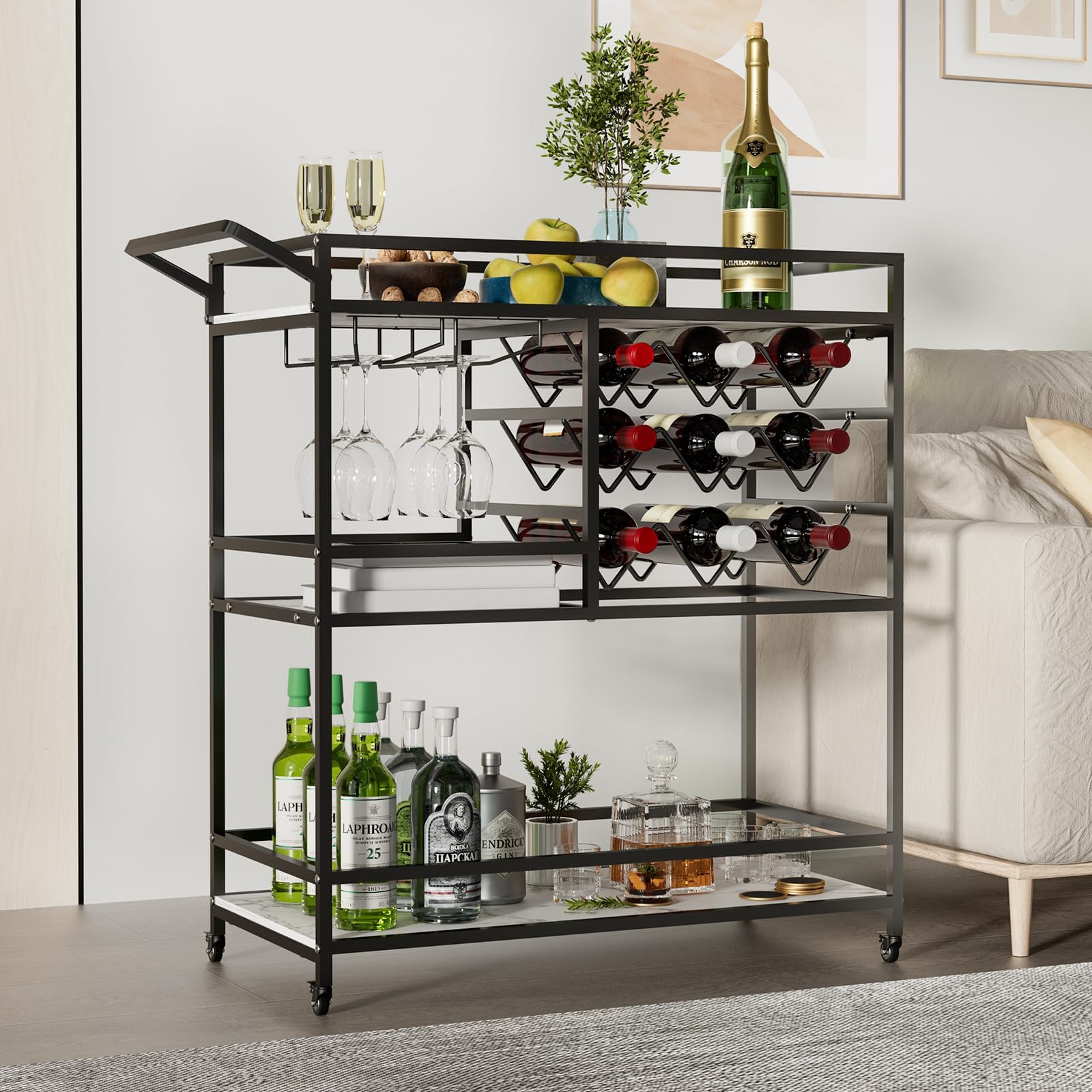 Bar Cart with Wheels Mobile Serving Cart with Wine Rack and Glass Holder,3-Tier Drink Rolling Coffee Wine Cart with Large Storage Space for Kitchen,Living Room, Party (Black)