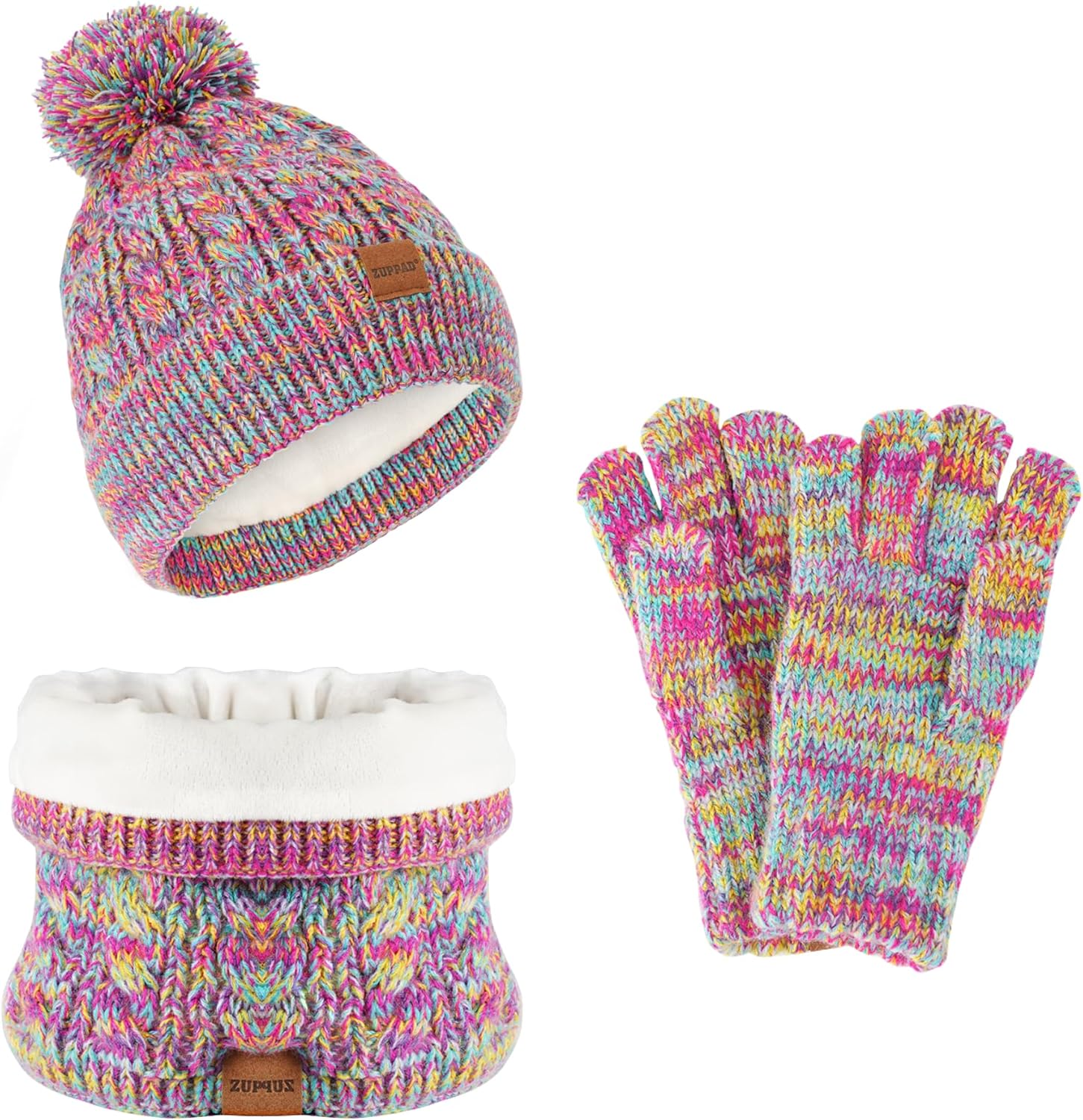 Kids Winter Hat Gloves Scarf Set,Girls Hats Beanie with Pom Knit Neck Warmer Gaiter Mittens Fleece Lined,Girls Accessories Cold Weather Set for Toddler Children Boys（Rainbow Mix）