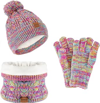 Kids Winter Hat Gloves Scarf Set,Girls Hats Beanie with Pom Knit Neck Warmer Gaiter Mittens Fleece Lined,Girls Accessories Cold Weather Set for Toddler Children BoysBrown Mix