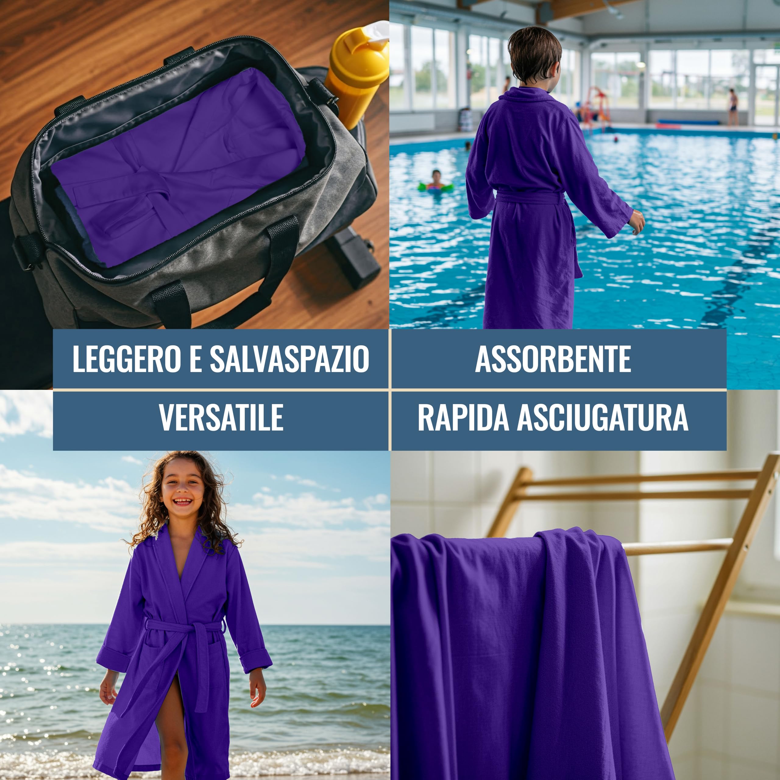 Dorian Home - Accappatoio Bambino Bambina in Microfibra Anallergico, Morbido, Leggero Salvaspazio Assorbente, Rapida Asciugatura con Cappuccio, Tasche, Cintura a Passanti e Gancio, Lavabile (no Stiro)