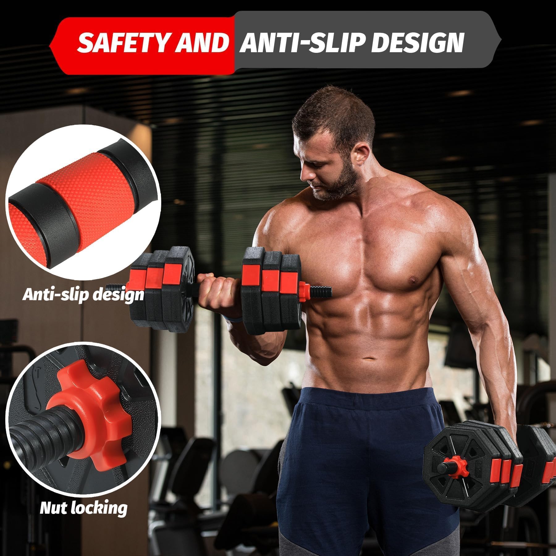 3-in-1 Adjustable Dumbbell Set 66lbs, Free Weights for Home Gym with Anti-Slip Handle & Connector, Barbell/Kettlebell/Dumbbell Combo for Men Women