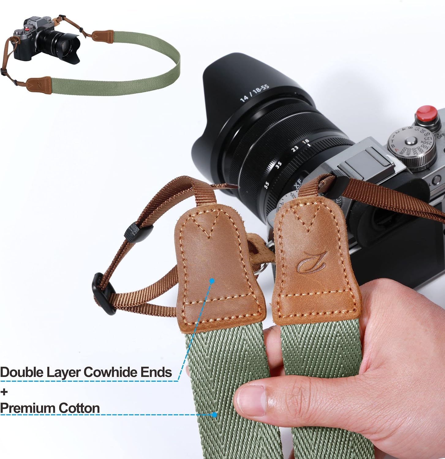 Padwa Lifestyle Light Green Camera Strap - 1.5" Wide Vintage Crazy Horse Cowhide Head Cotton Straps,Adjustable Woven Neck Shoulder Camera Straps for All DSLR Cameras and Photographers Christmas gift