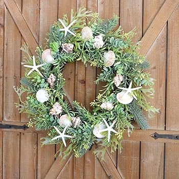 Amazon.com: Idyllic 18 Inch Seashell Wreath with Green Leaves for