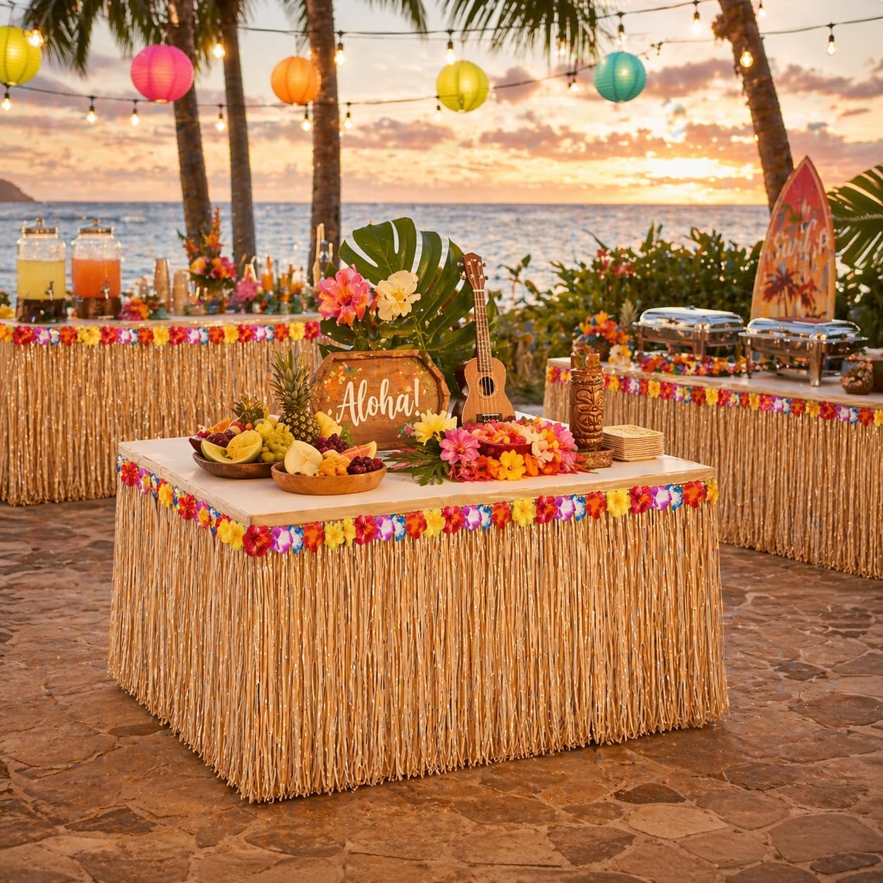 4E's Novelty 4 Pack Luau Grass Table Skirt 9 Ft 108" Wide with Hibiscus, Reusable - for Jungle Party Decorations, Tropical Beach Tiki Moana Birthday Party Decor Supplies Accessories image 2