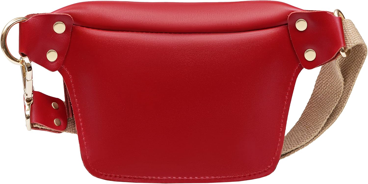 Genuine Leather Fanny Pack for Women with Durable Cotton Belt, Polished Metal Hardware and Zipper Closure, Red
