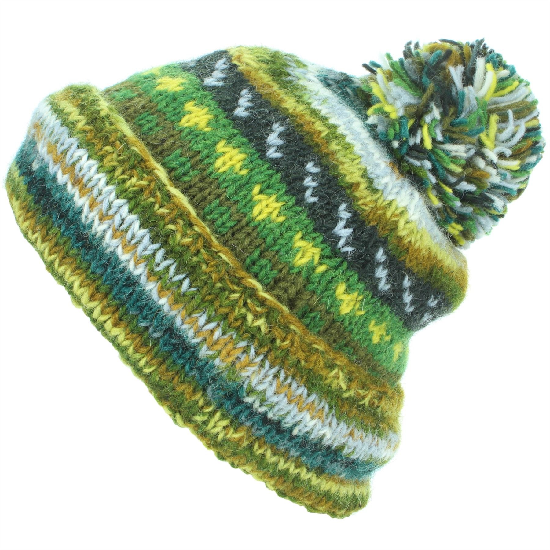 Loudelephant Unisex 17 Green Chunky Wool Knit Abstract Pattern Beanie Bobble Hat - Green