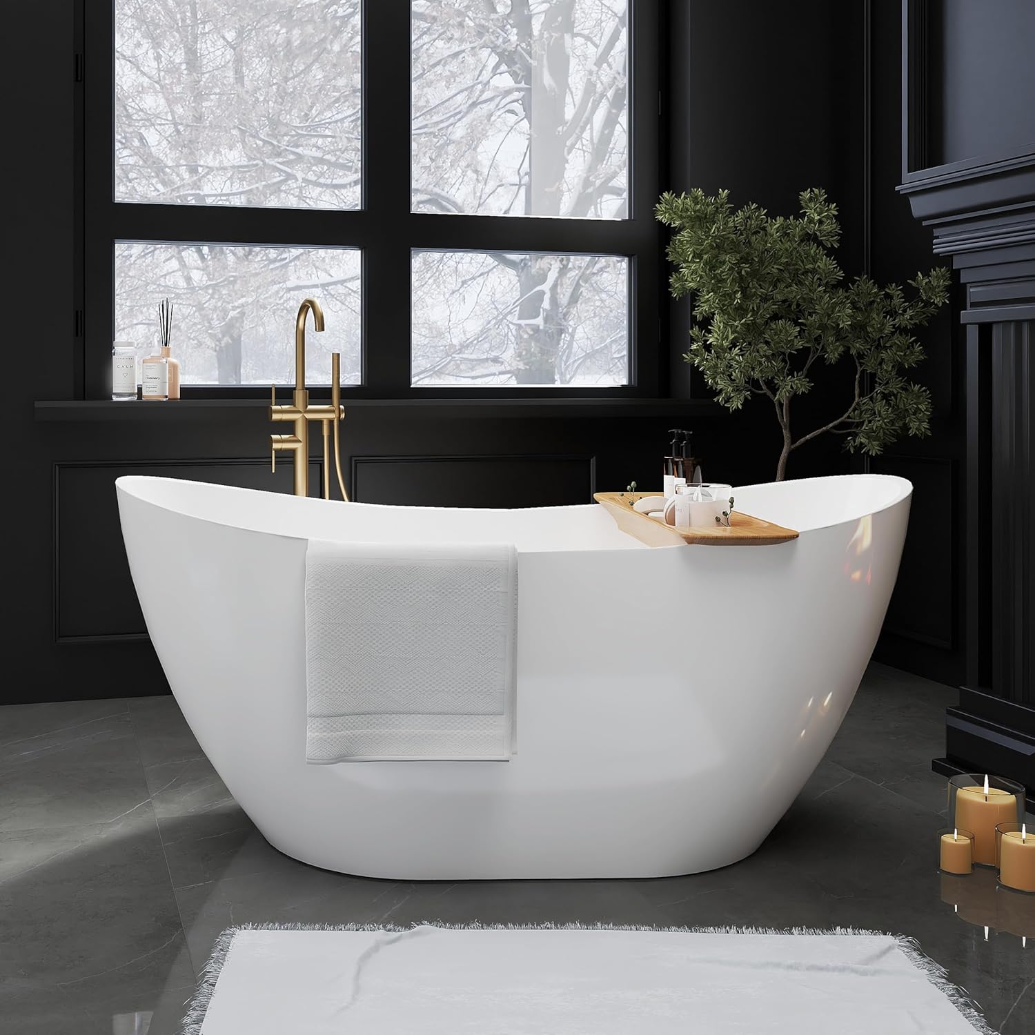 60" Acrylic Freestanding Bathtubs, High-back Stand Alone Tub, Soaking Tubs for Bathroom, Integrated Overflow and Drain, cUPC Certified, Gloss White