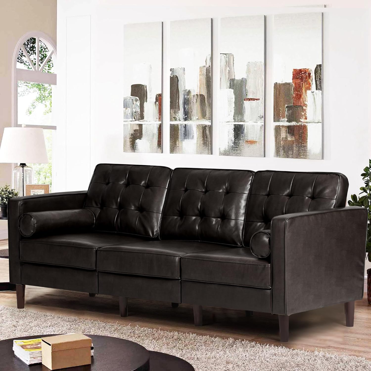 84″ Premium Faux Leather 3-Seat Sofa w/2 Bolster Pillows and