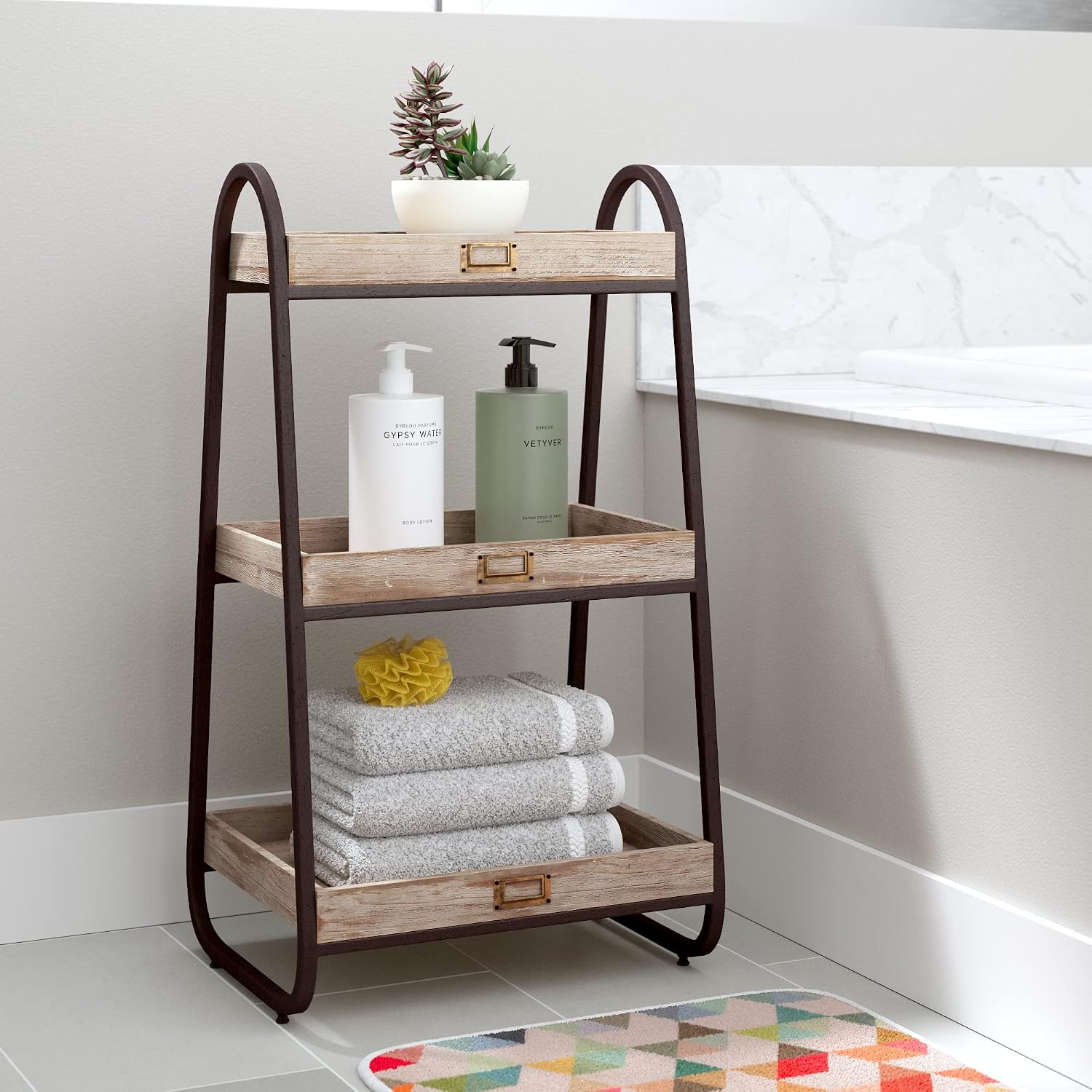 Linon Amzn0336 Tucker Three Tiered Bath Storage Unit, Brown