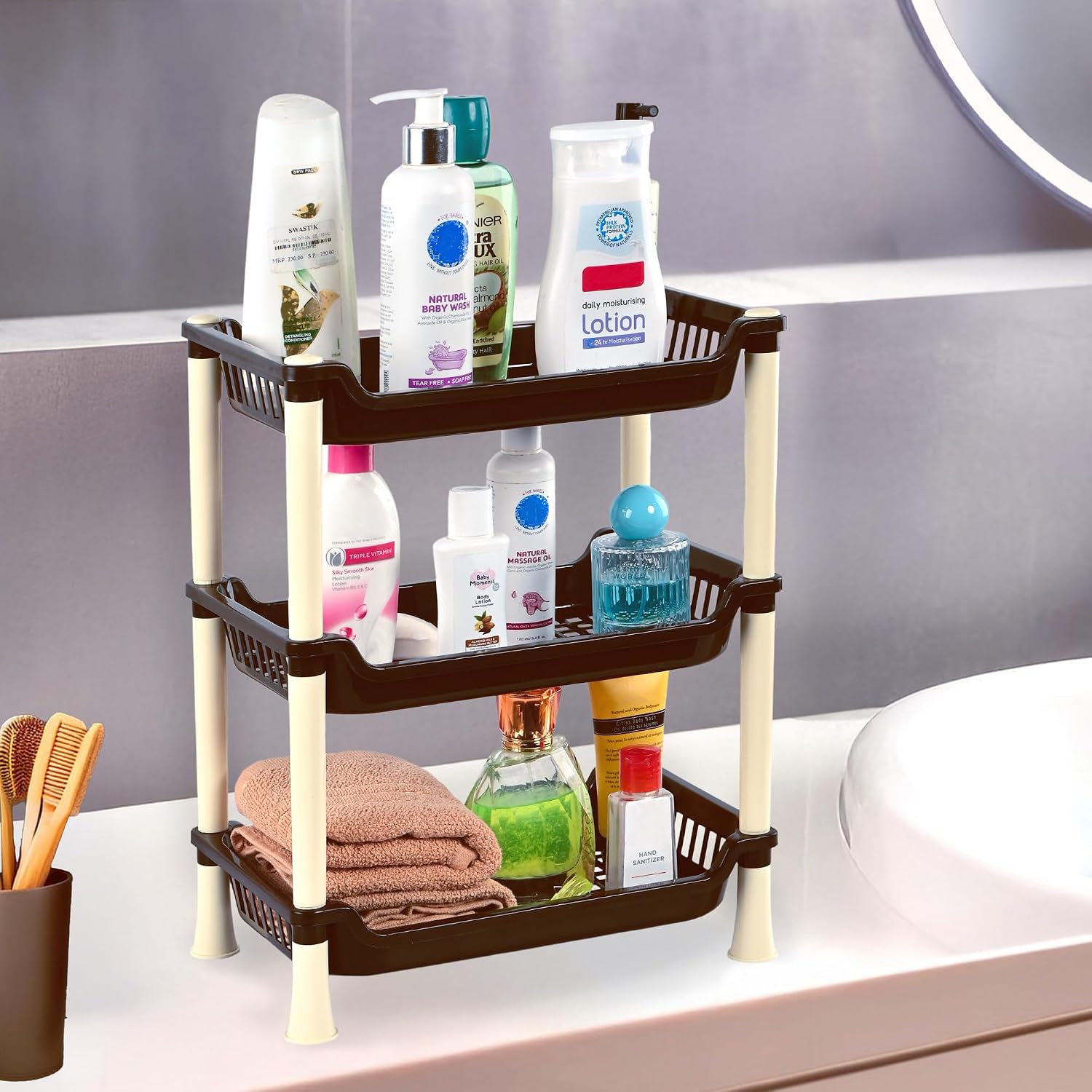 Kuber Industries Plastic Shelf Rack for Storage | Multipurpose Three Layer Storage Organizer Rack for Household, Office, Bedroom, Kitchen, Living Room – Brown