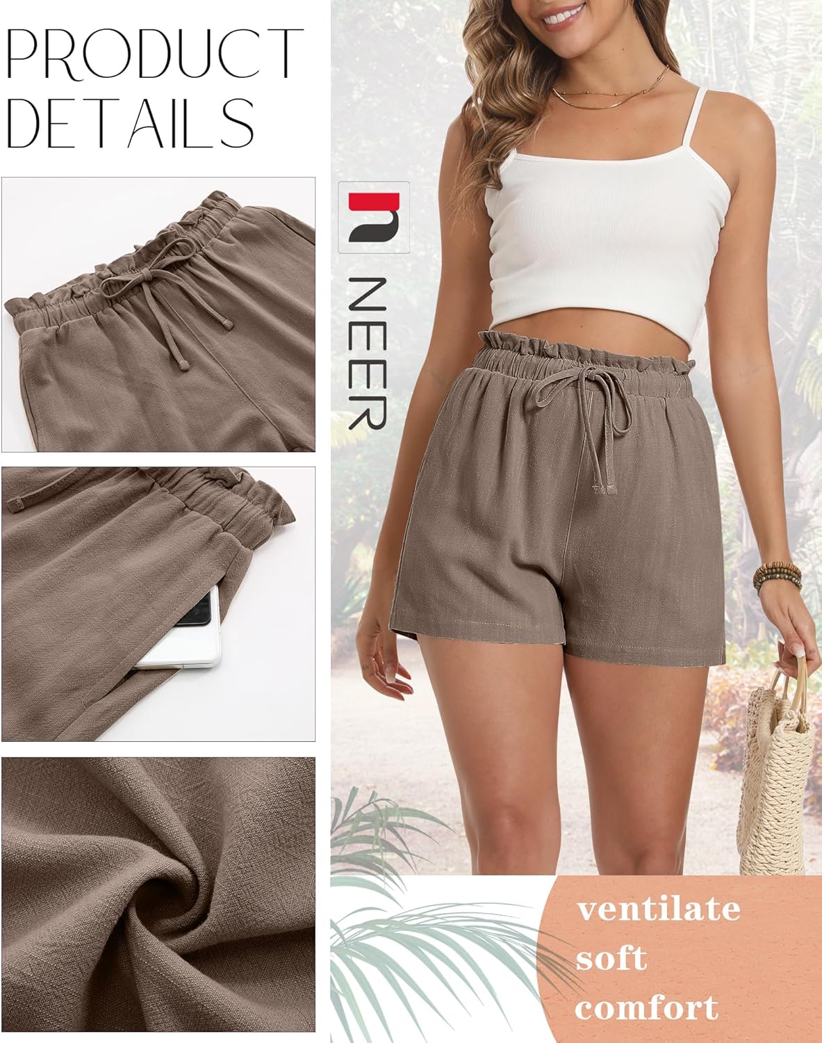 Neer 3 Pack Women's Linen Shorts with Pockets Drawstring High Elastic Waisted Wide Leg Loose Casual Summer Shorts - Image 2