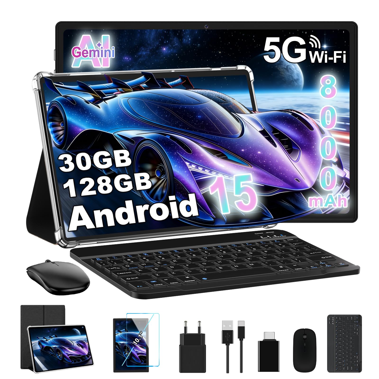 Tablet 10 Pollici Android 15, 30GB RAM+128GB, 8000mAh, con Tastiera - Nero | Display IPS HD, espandibile 2TB TF, Octa-Core, WiFi 5G/2.4G, BT 5.0, Face ID, Widevine L1, 5+8MP. Mouse e custodia incl.