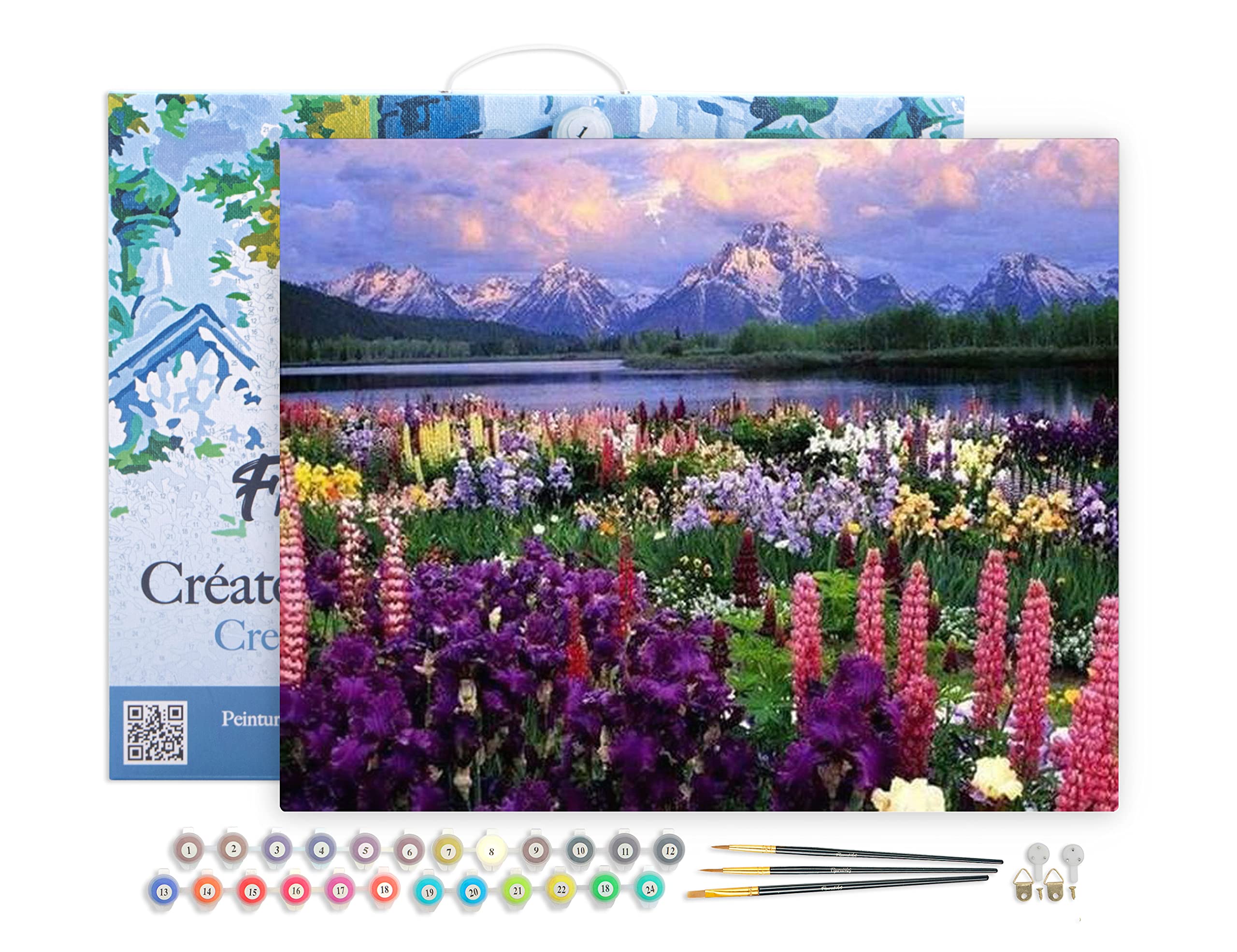 Figured'Art Paint by Numbers for Adults with Frame Flowers and Lake Near The Mountain 40x50cm - Craft Art Painting DIY Kit Canvas Already Stretched on a Wooden Frame โ image 1