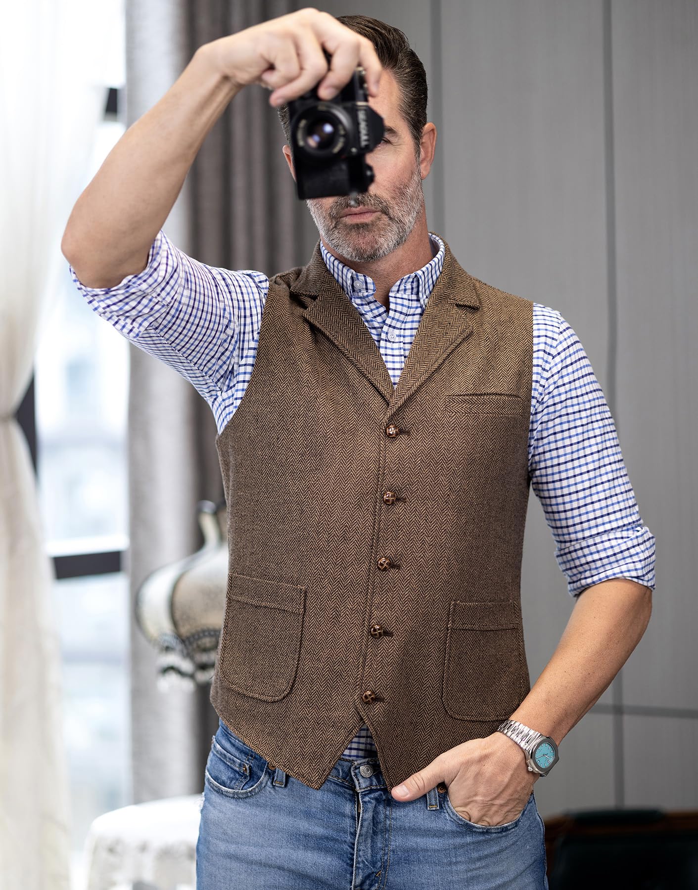 Tuikayoo Męska kamizelka Western Herringbone Tweed Garnitur Wełna Slim Fit Wełna