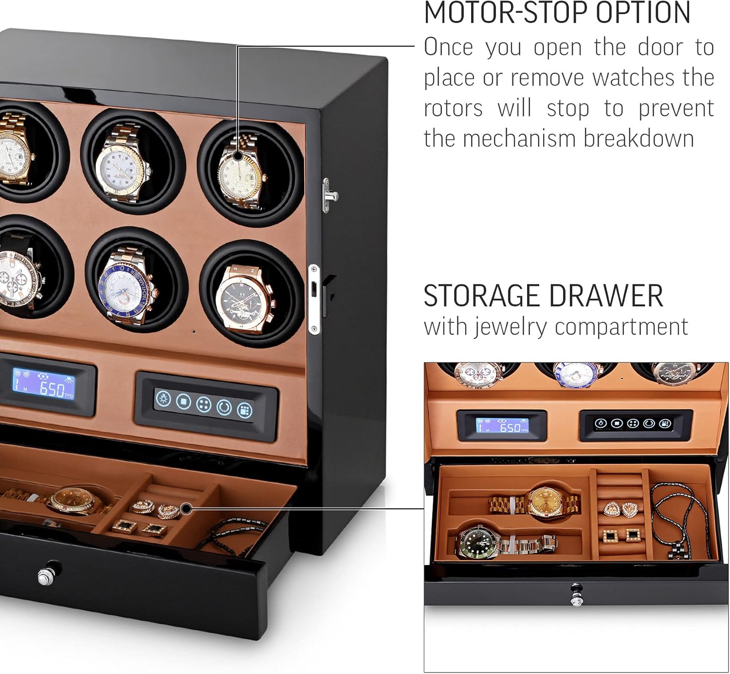 Automatic Watch Winder with LED Light, Storage Drawer and LCD Touchscreen Control